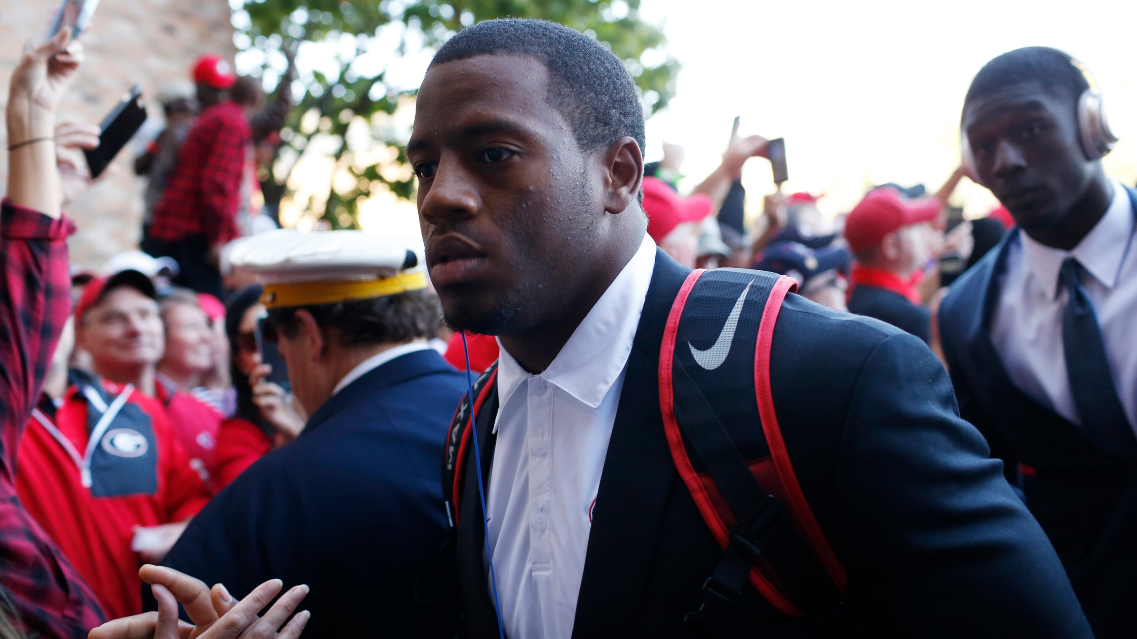 Georgia tailback Nick Chubb enters the stadium for the team's NCAA college football game against Notre Dame in South Bend, Ind., Saturday, Sept. 9, 2017. (Joshua L. Jones/Athens Banner-Herald via AP)