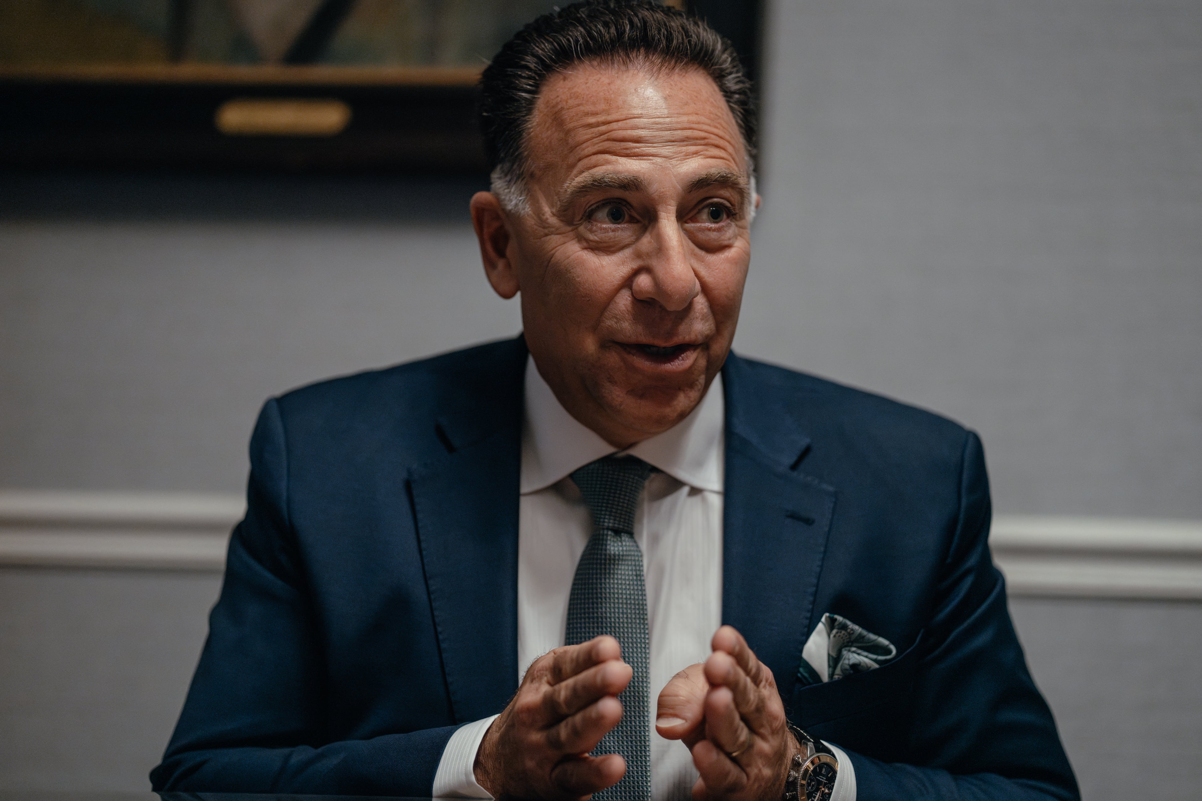 Mark George, president and CEO of Norfolk Southern, sits for an interview at the Union League Club of Chicago on March 10, 2026, in Chicago, Illinois. (Jamie Kelter Davis for the AJC)
