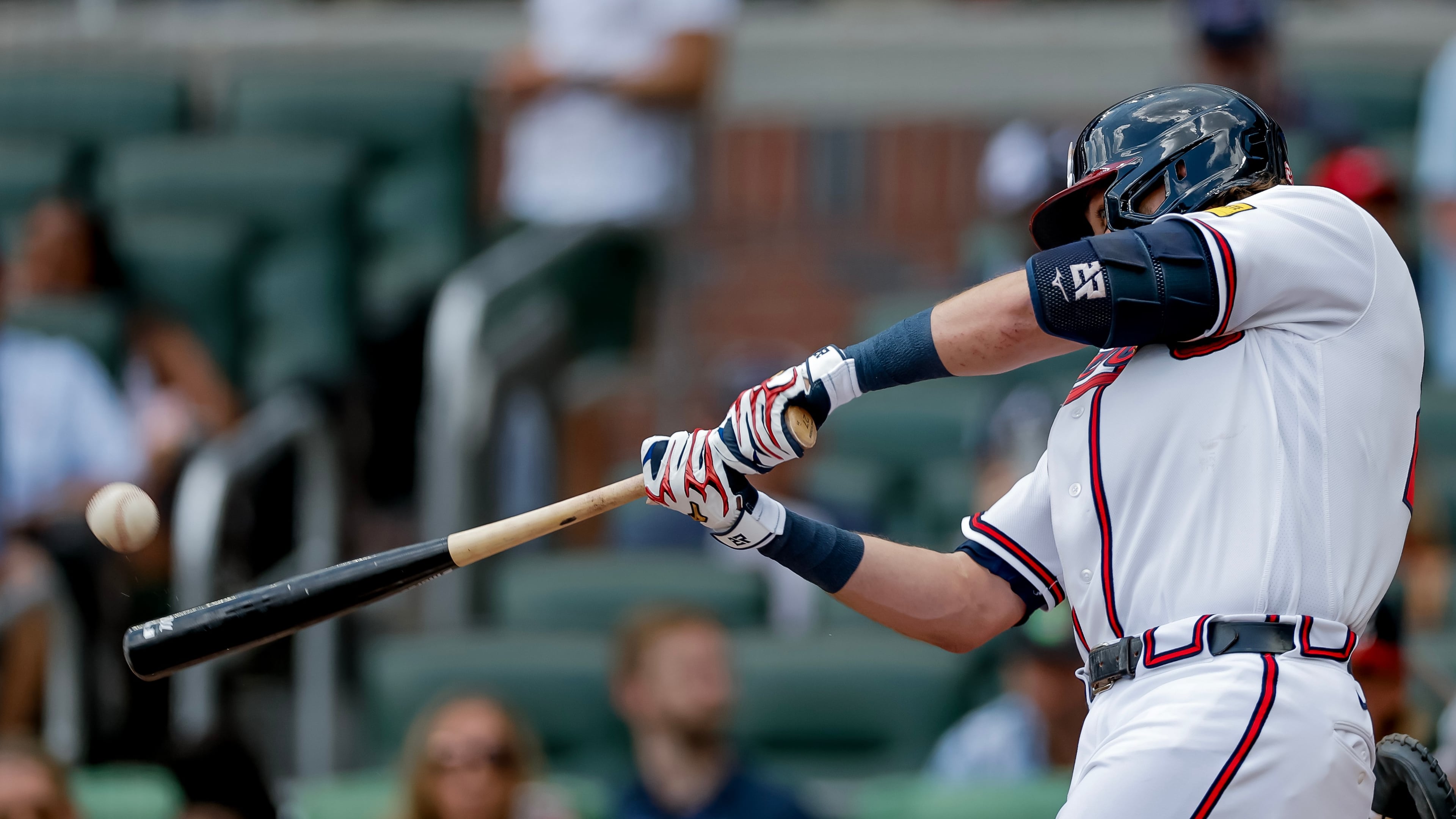 Atlanta Braves' Austin Riley hits a solo home run against the Texas Rangers during the second inning of a baseball game, Sunday, July 19, 2026, in Atlanta. (Erik S. Lesser/AP)