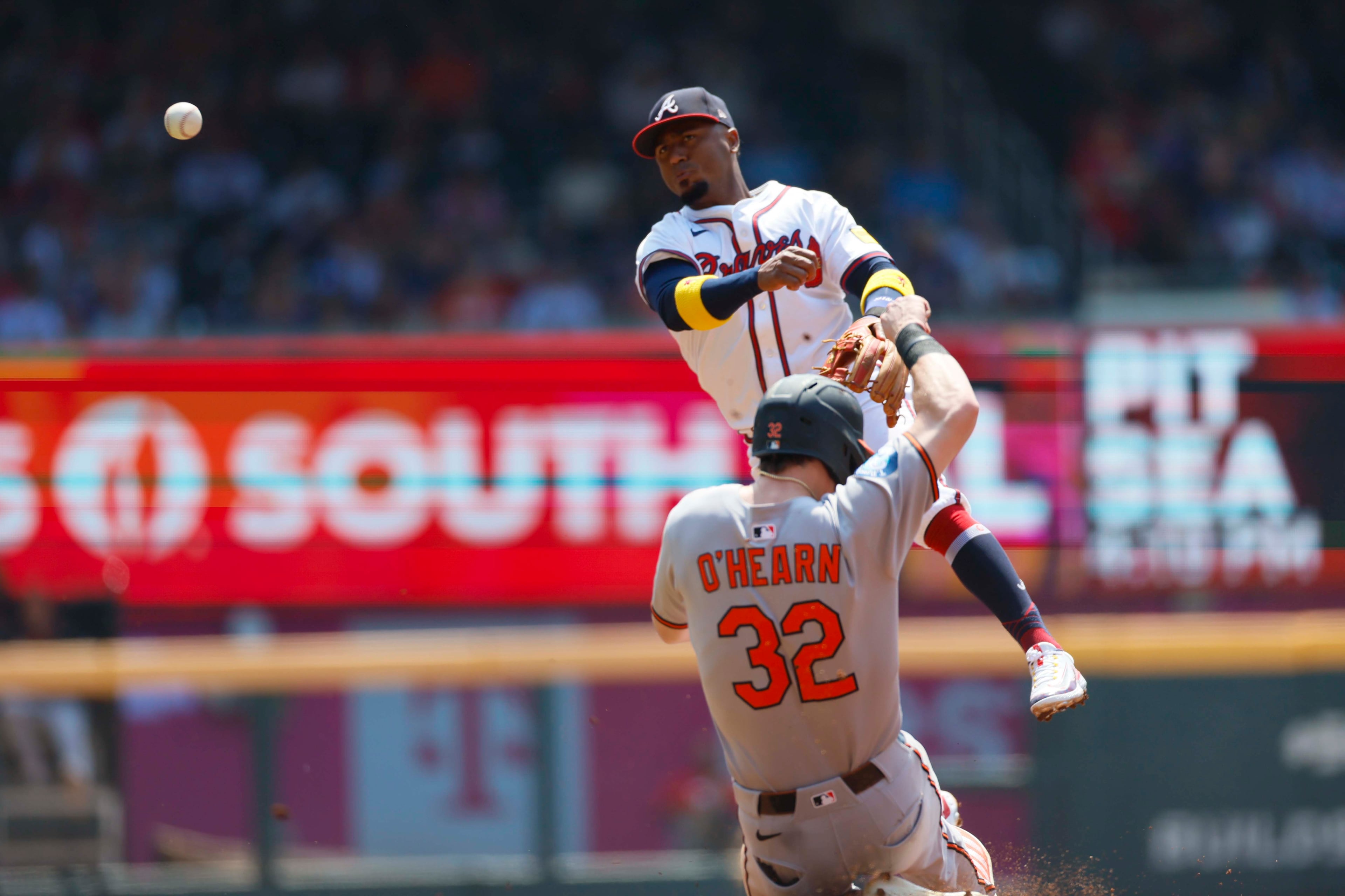 Atlanta Braves second base Ozzie Albies (1) throws the ball for a double play during the second inning against the Baltimore Orioles at Truist Park on Sunday, July 6, 2025, in Atlanta.
(Miguel Martinez/ AJC)