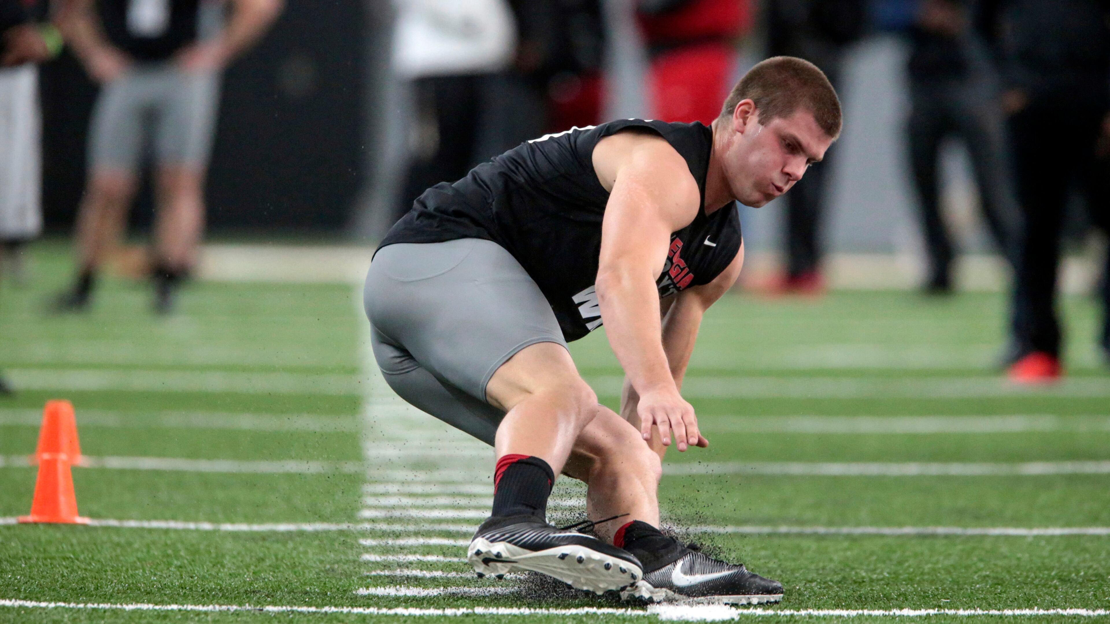 Georgia wide receiver Charlie Hegedus (80) runs a drill during pro day at the University of Georgia in Athens, Ga., Wednesday, March 15, 2017. (John Roark/Athens Banner-Herald via AP)