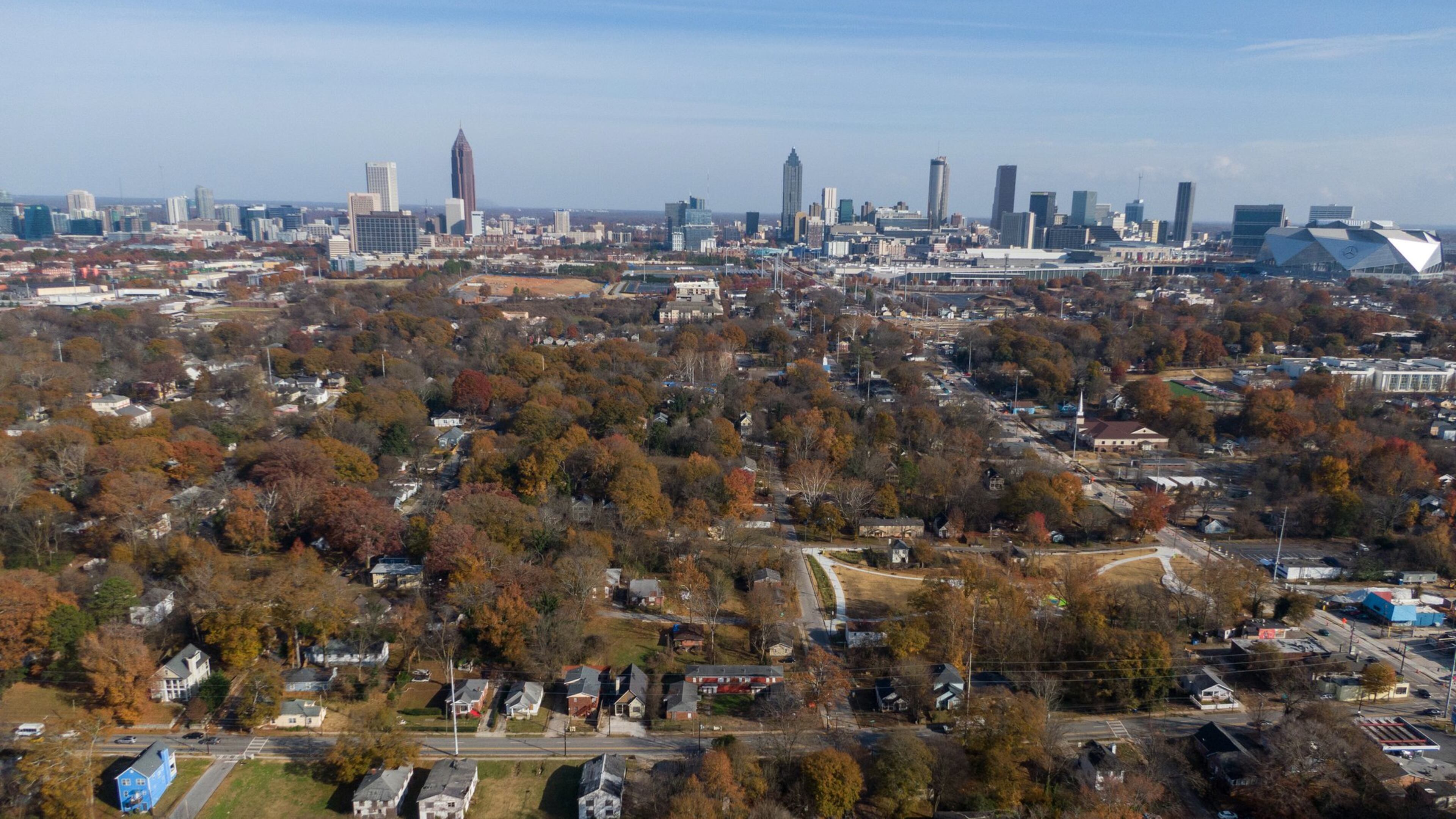 Aerial photography shows the area where a team of Emory researchers and the federal Environmental Protection Agency have found high levels of lead contamination in the soil near Mercedes Benz stadium. HYOSUB SHIN / HYOSUB.SHIN@AJC.COM
