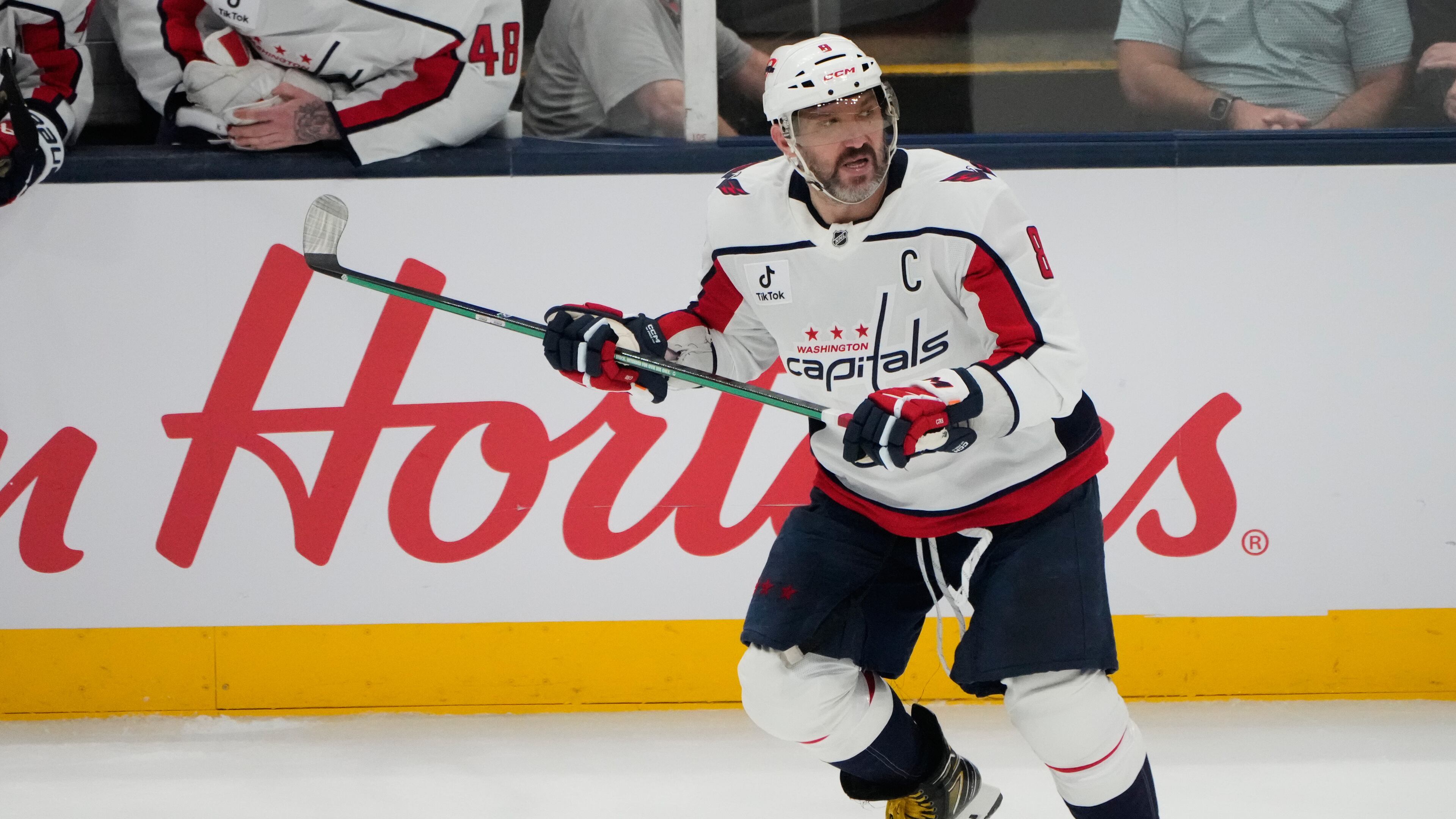 FILE - Washington Capitals left wing Alex Ovechkin (8) skates in the third period of an NHL hockey game against the Columbus Blue Jackets on April 14, 2026, in Columbus, Ohio. (AP Photo/Sue Ogrocki, File)