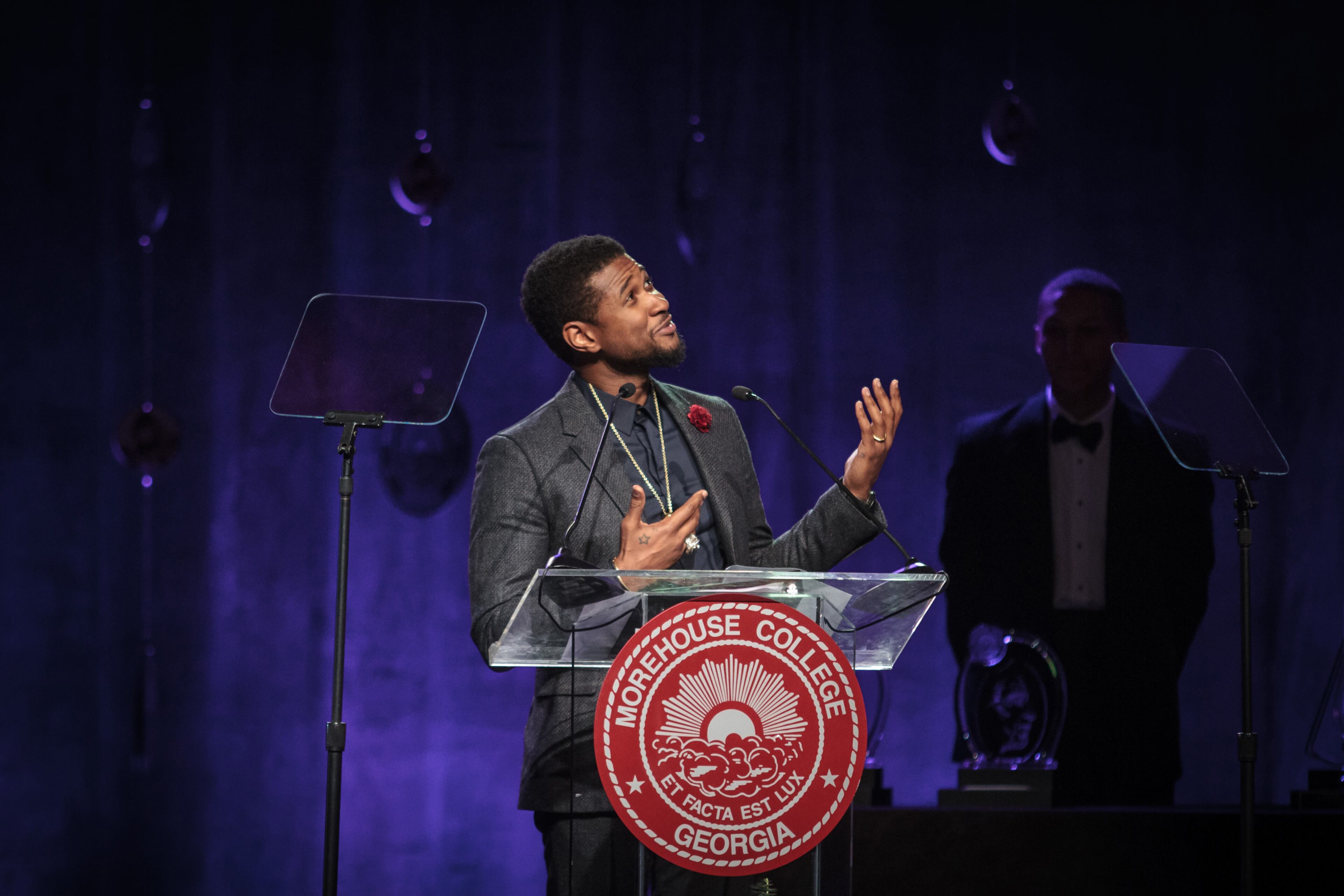 Grammy-award winning musical artist Usher Raymond talks to a large crowd gathered for the Candle In The Dark Gala, celebrating the 150th anniversary of Morehouse College in Atlanta Ga February 18, 2017. Raymond was awarded the Bennie and Candle award during the gala. STEVE SCHAEFER / SPECIAL TO THE AJC