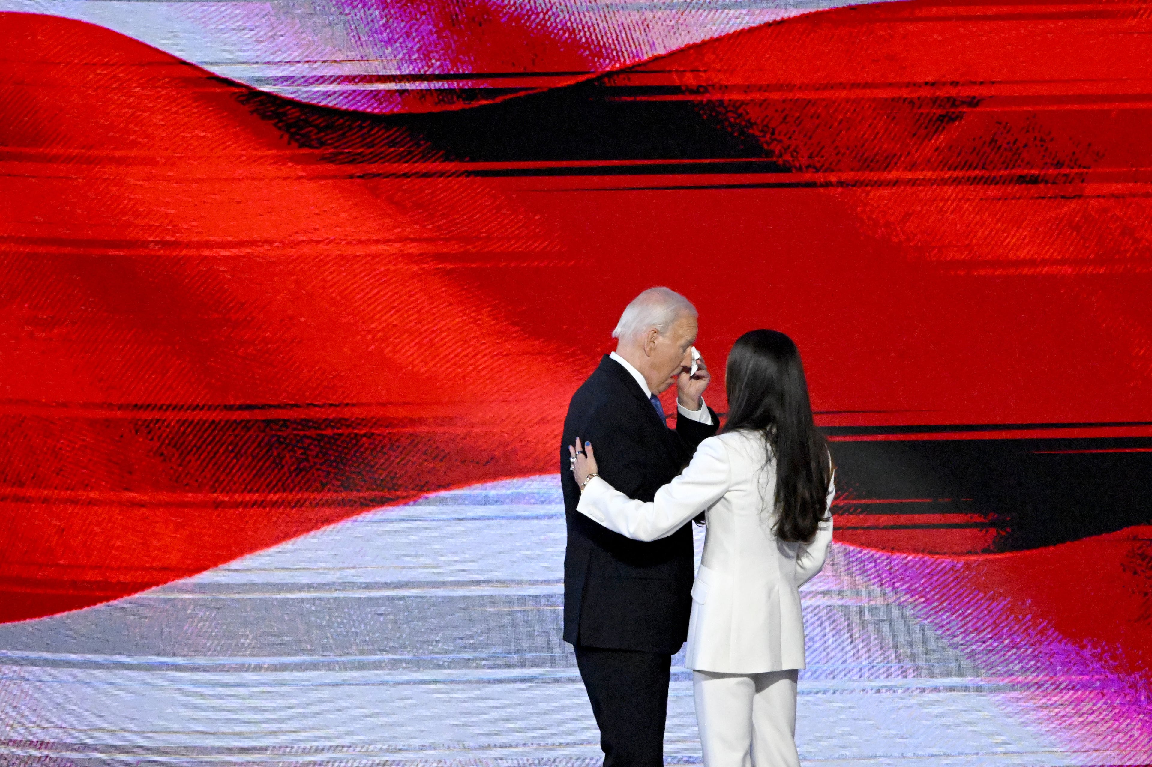 President Joe Biden gets emotional as he embraces his daughter Ashley Biden during the day 1 of the Democratic National Convention at the United Center, Monday, August 19, 2024, in Chicago, Illinois. (Hyosub Shin / AJC)