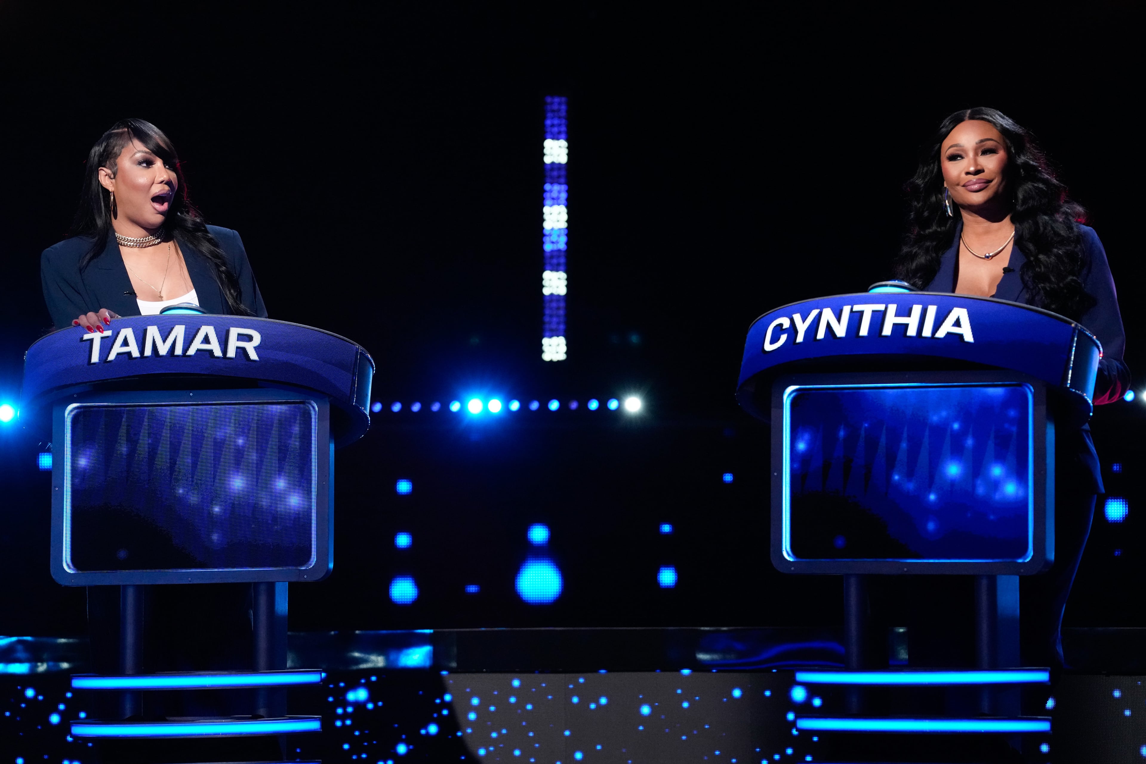 Tamar Braxton (left) and Cynthia Bailey compete during the “Ex-Wives Club” episode of “Celebrity Weakest Link” that aired last year. (Greg Gayne/Fox 2025)