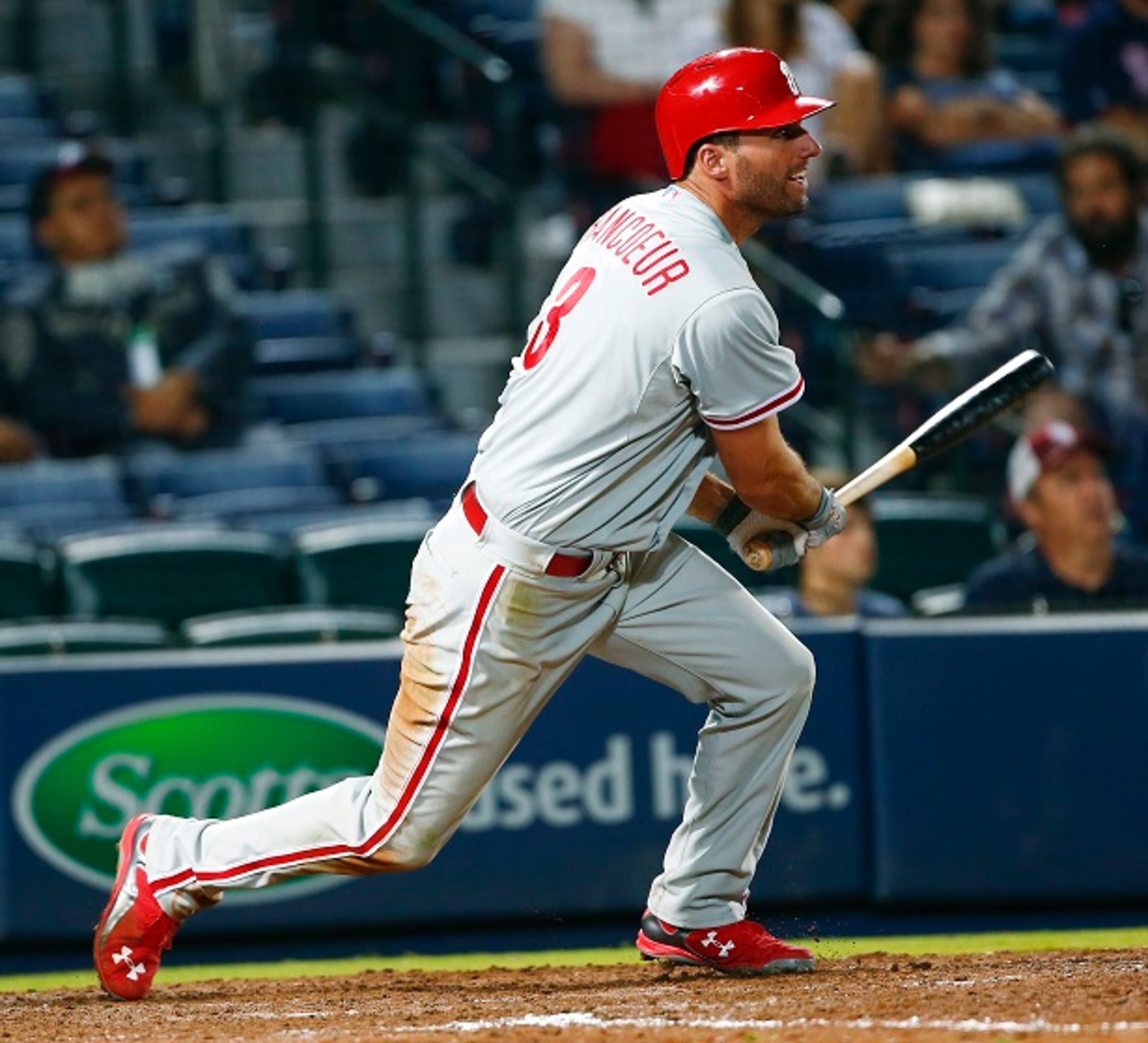 CORRECTS INNING TO NINTH - Philadelphia Phillies right fielder Jeff Francoeur follows through on an RBI triple in the ninth inning of a baseball game against the Atlanta Braves Monday, May 4, 2015, in Atlanta. Philadelphia won 5-2. (AP Photo/John Bazemore) A Turner Field triple for Frenchy. (AP Photo/John Bazemore)