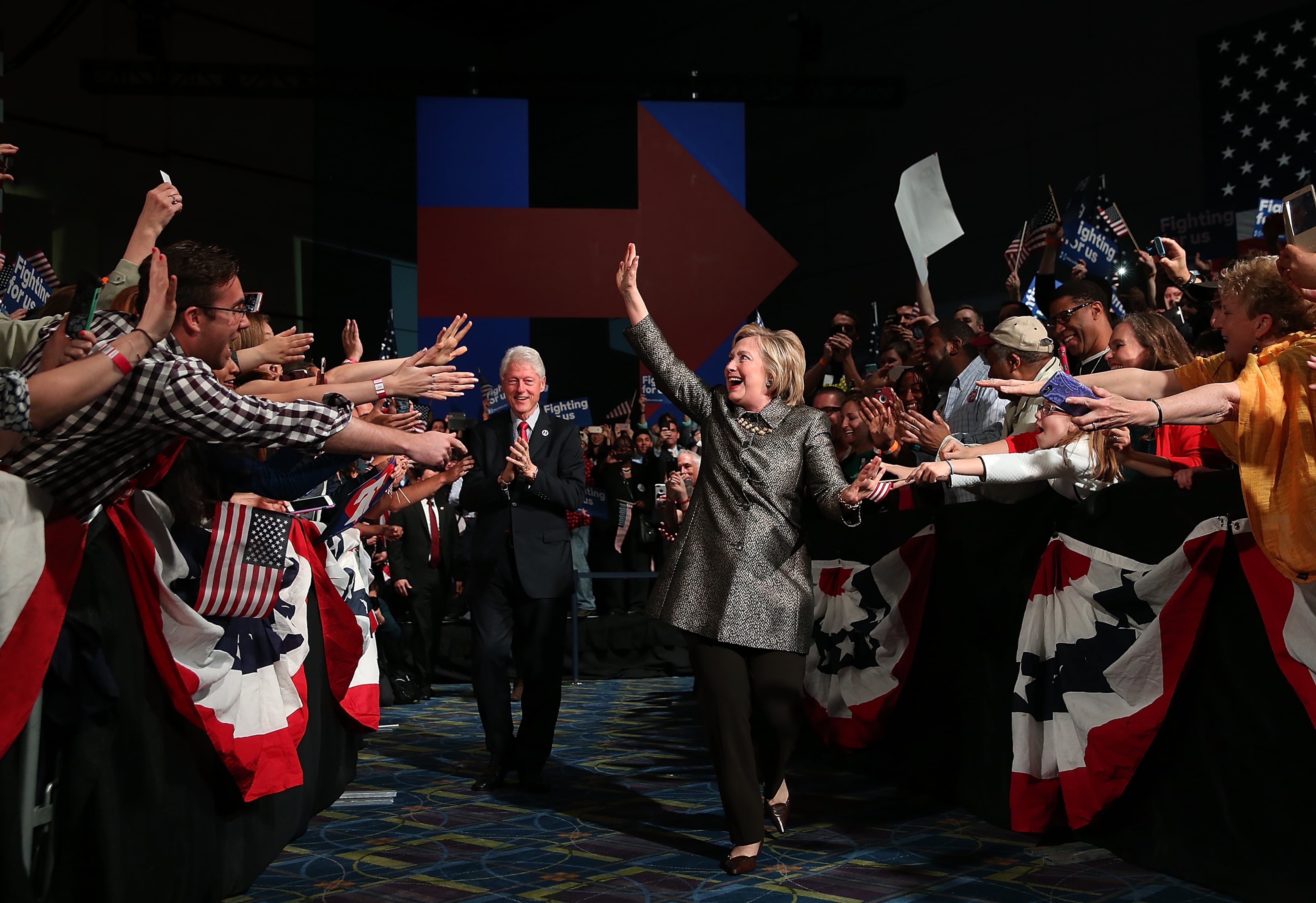 Democratic presidential candidate Hillary Clinton and former U.S. president Bill Clinton greet supporters during a primary night gathering at the Philadelphia Convention Center on April 26, 2016 in Philadelphia, Pennsylvania. Clinton defeated her democratic rival Sen. Bernie Sanders (D-VT) in the Pennsylvania presidential primary. (Photo by Justin Sullivan/Getty Images)