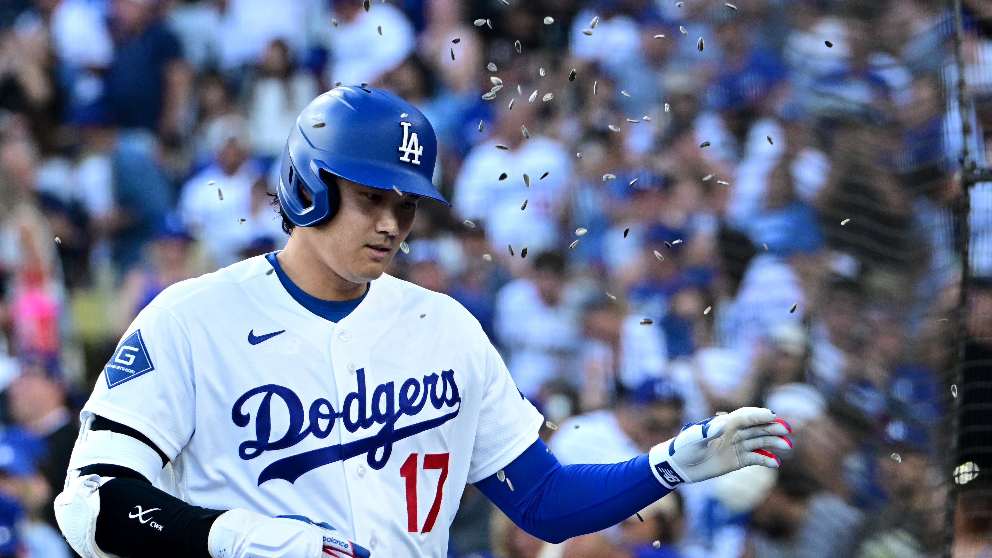 Los Angeles Dodgers Shohei Ohtani (17) celebrates his solo home run against the Seattle Mariners during the first inning of a baseball game Tuesday, July 28 2026, in Los Angeles. (AP Photo/Wally Skalij)