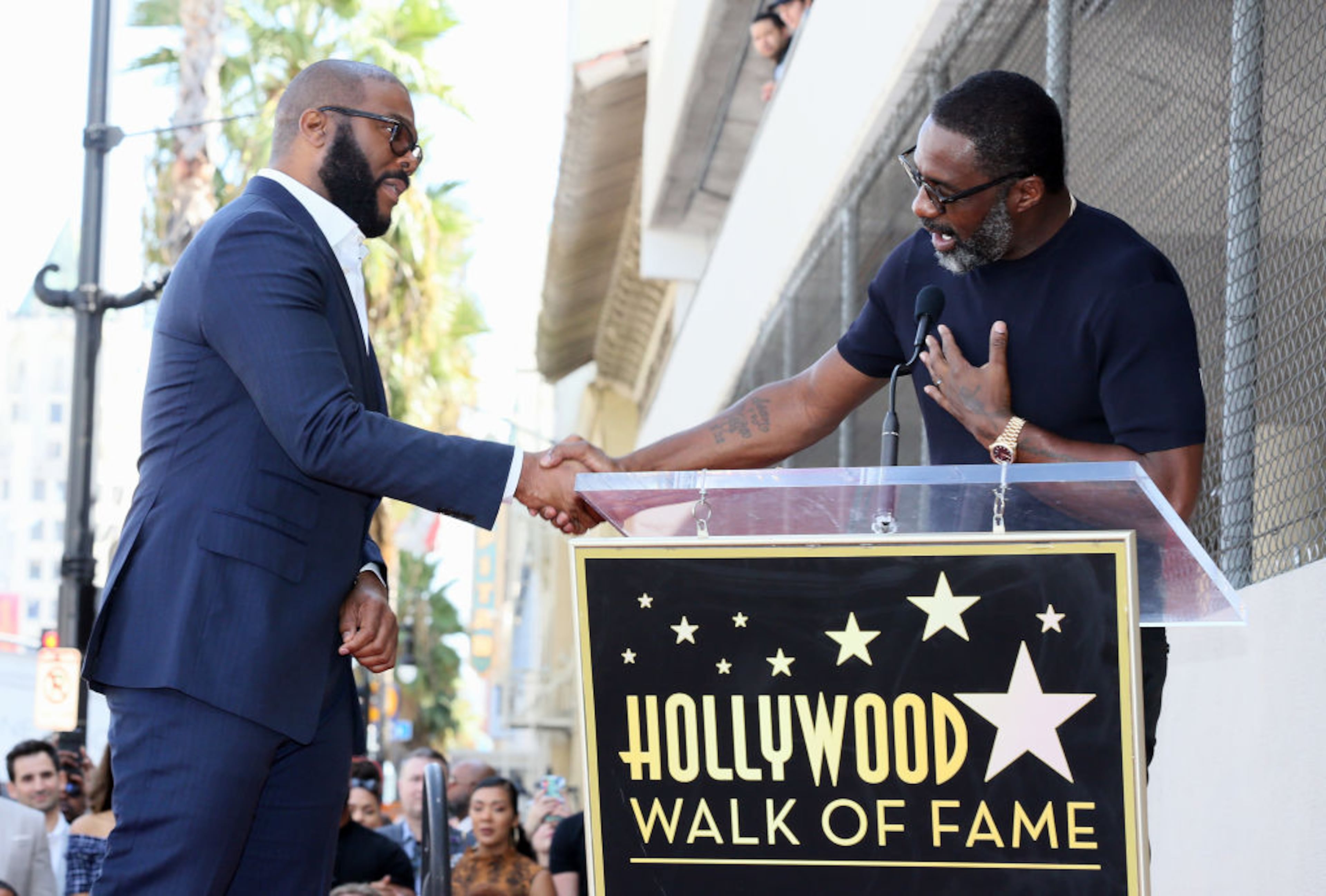 HOLLYWOOD, CALIFORNIA - OCTOBER 01: Tyler Perry (L) and Idris Elba attend as Tyler Perry is honored with a Star on the Hollywood Walk of Fame on October 01, 2019 in Hollywood, California. (Photo by David Livingston/Getty Images)