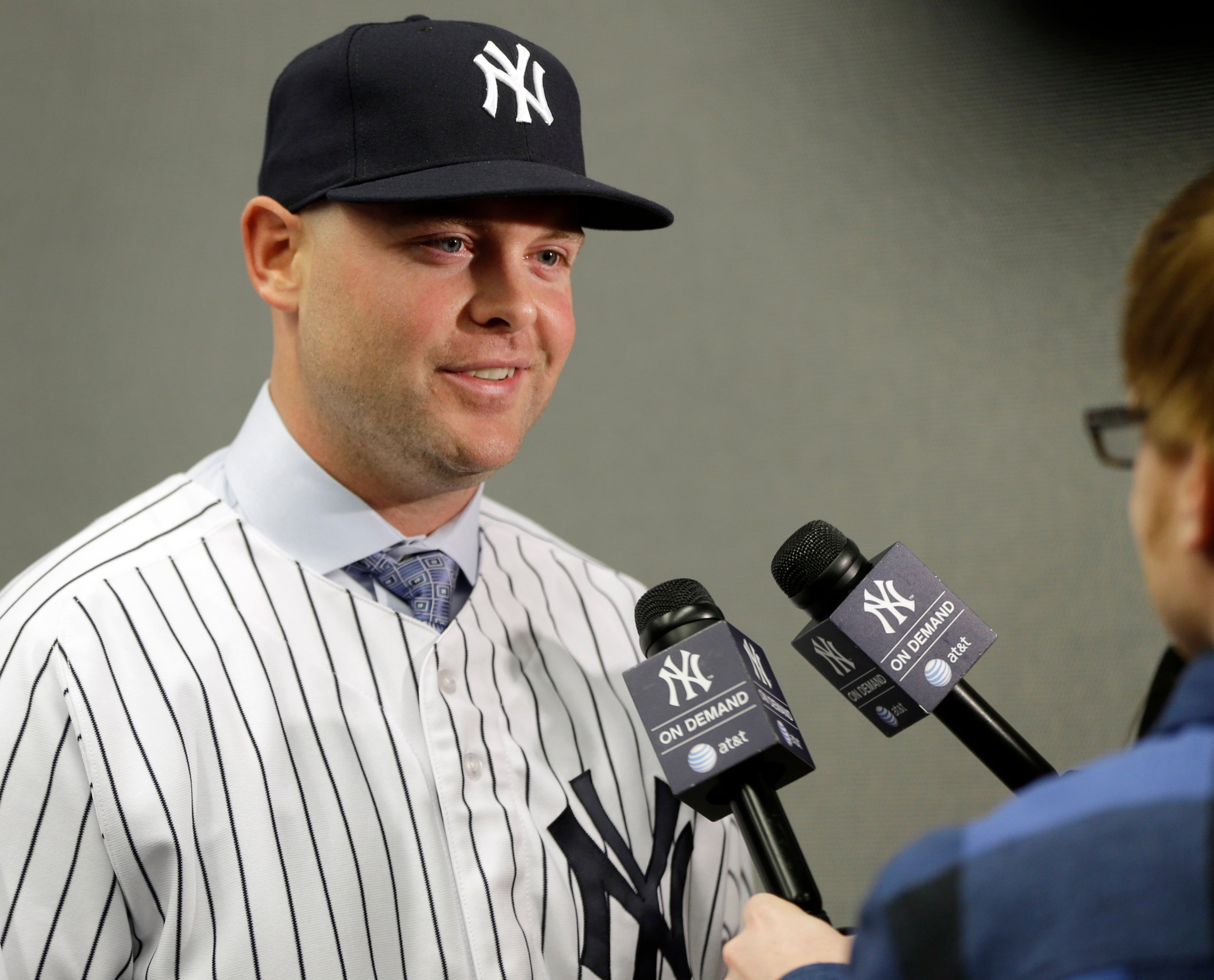 New York Yankees' Brian McCann is interviewed after a news conference at Yankee Stadium.