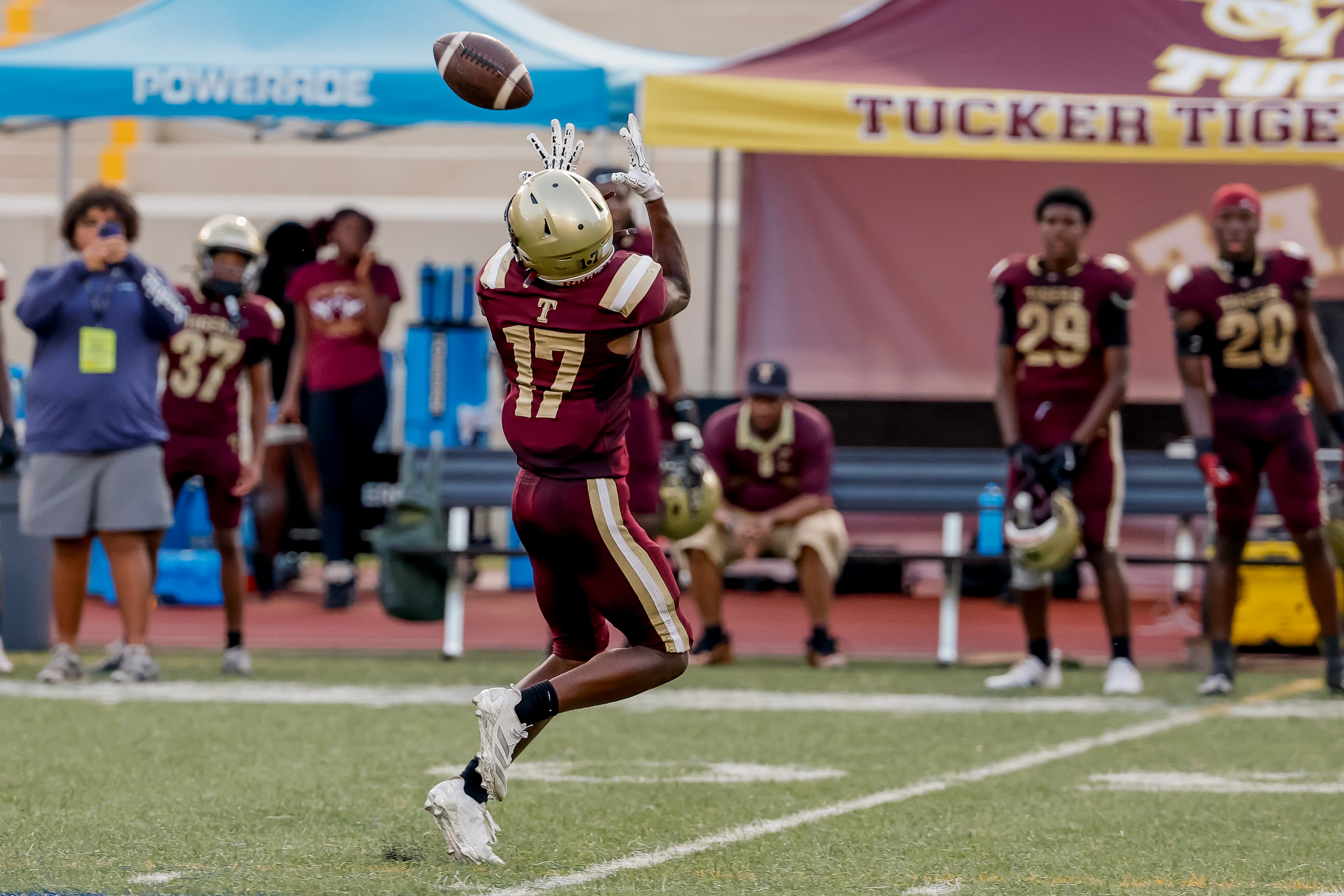 Tucker’s Jerron Guiden (right) makes a long third-down reception against Stephenson at Hallford Stadium on Friday, Sept. 4, 2026, in Clarkston. (Erik S. Lesser for the AJC)
