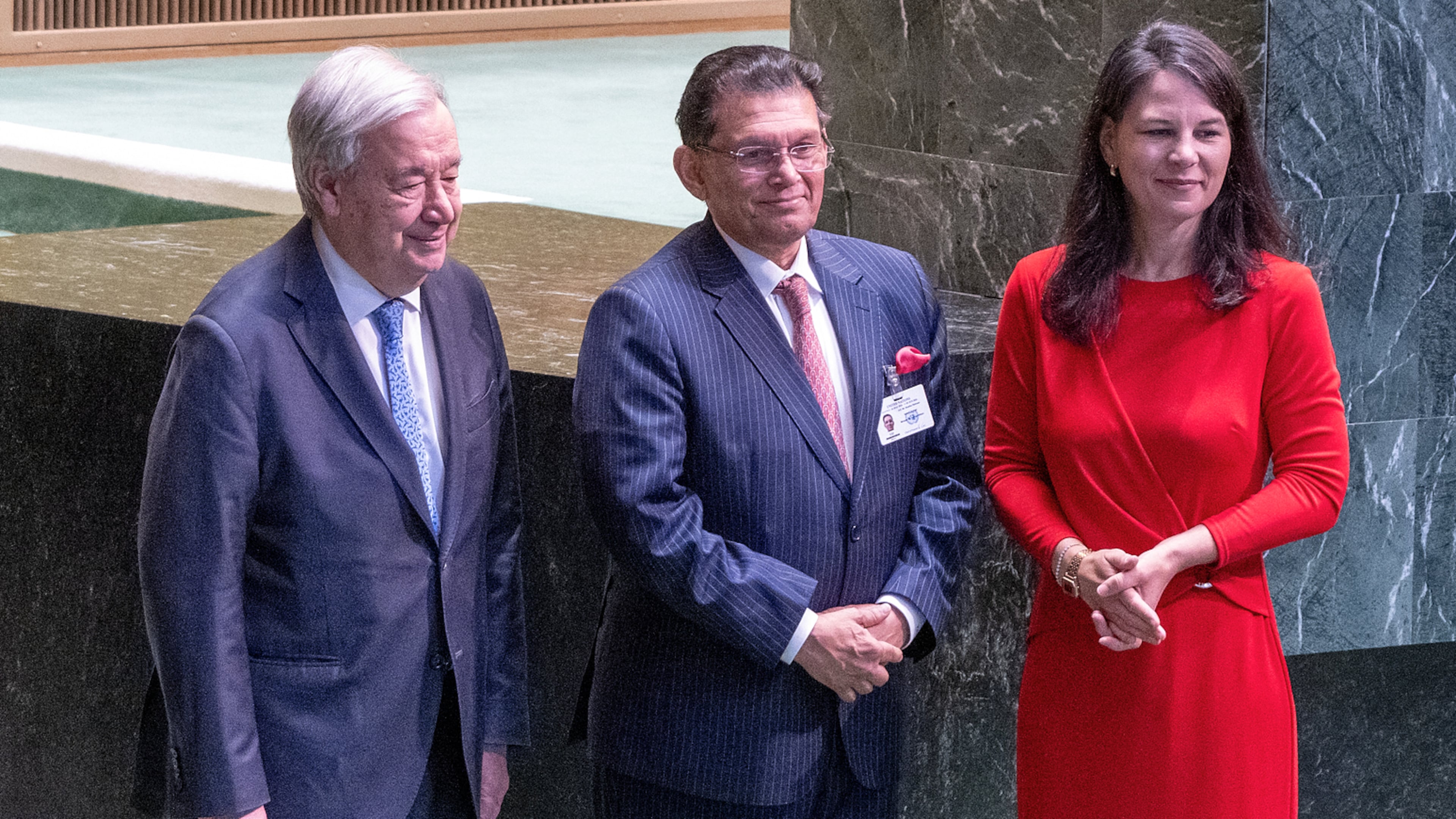 UN Secretary General Antonio Guterres, left, and 80th President of the United Nations General Assembly Annalena Baerbock, right, flank Bangladesh Foreign Minister Khalilur Rahman, newly elected President of the 81st UN General Assembly, Tuesday, June 2, 2026. (UN Photo/Eskinder Debebe via AP)