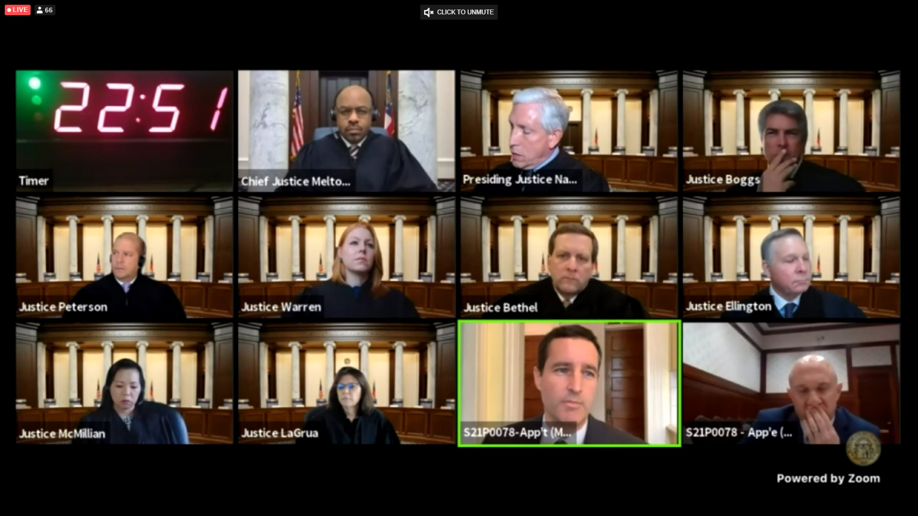The Georgia Supreme Court hears arguments Tuesday in Rodney Young's death-penalty appeal. Top row from left to right: Chief Justice Harold Melton and Justices David Nahmias and Michael Boggs. Middle row: Justices Nels Peterson, Sarah Warren, Charles Bethel and John Ellington. Bottom row: Justices Carla Wong McMillian and Shawn LaGrua, Josh Moore of the state capital defender office and Newton County District Attorney Randy McGinley. (Pete Corson/AJC)