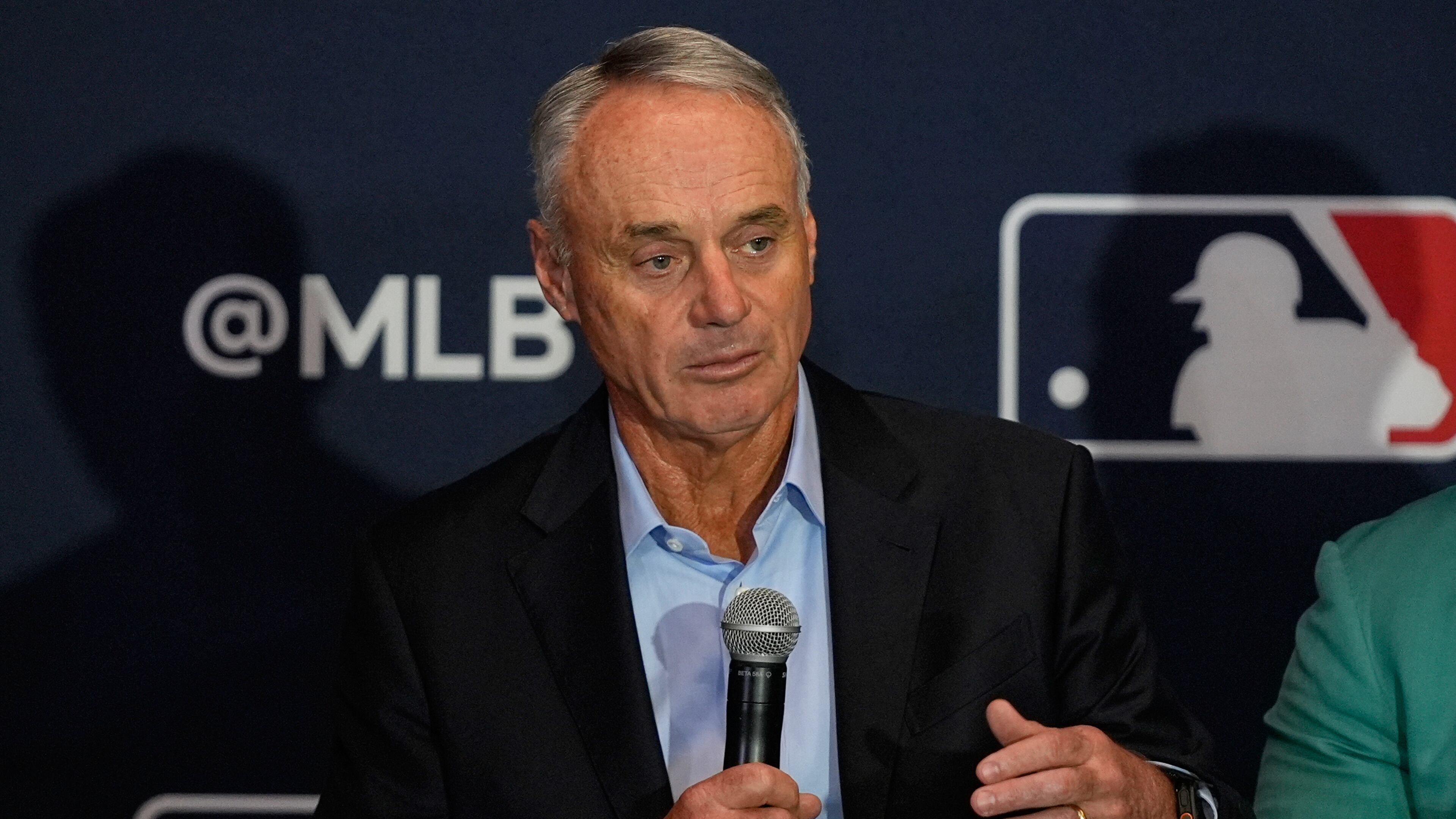FILE - Rob Manfred, commissioner of Major League Baseball answers questions during a news conference at the MLB winter meetings, Dec. 8, 2025, in Orlando, Fla. (AP Photo/John Raoux, file)