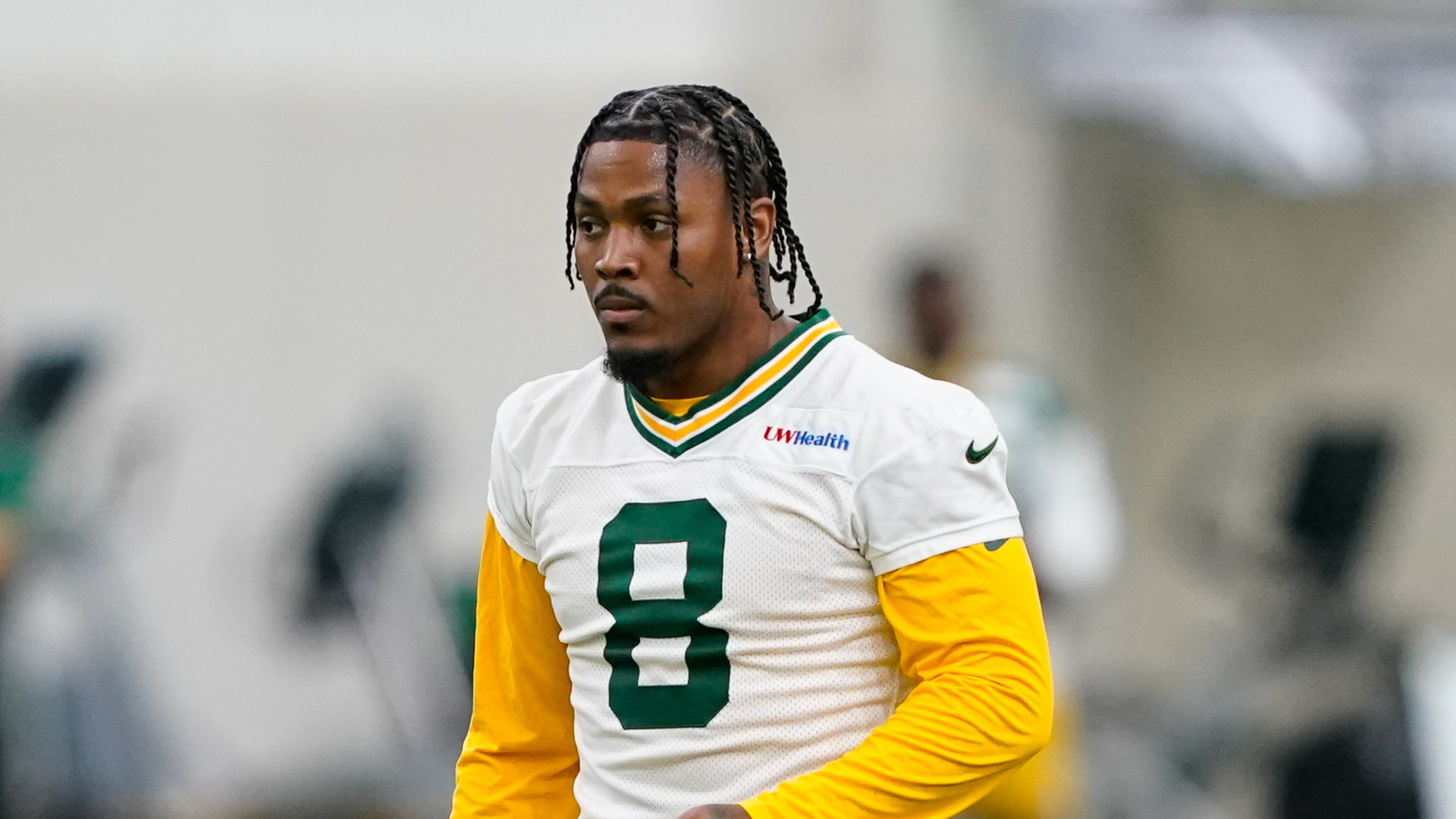 FILE - Green Bay Packers running back Josh Jacobs works out during NFL football practice, June 9, 2026, in Green Bay, Wis. (AP Photo/Kayla Wolf, File)