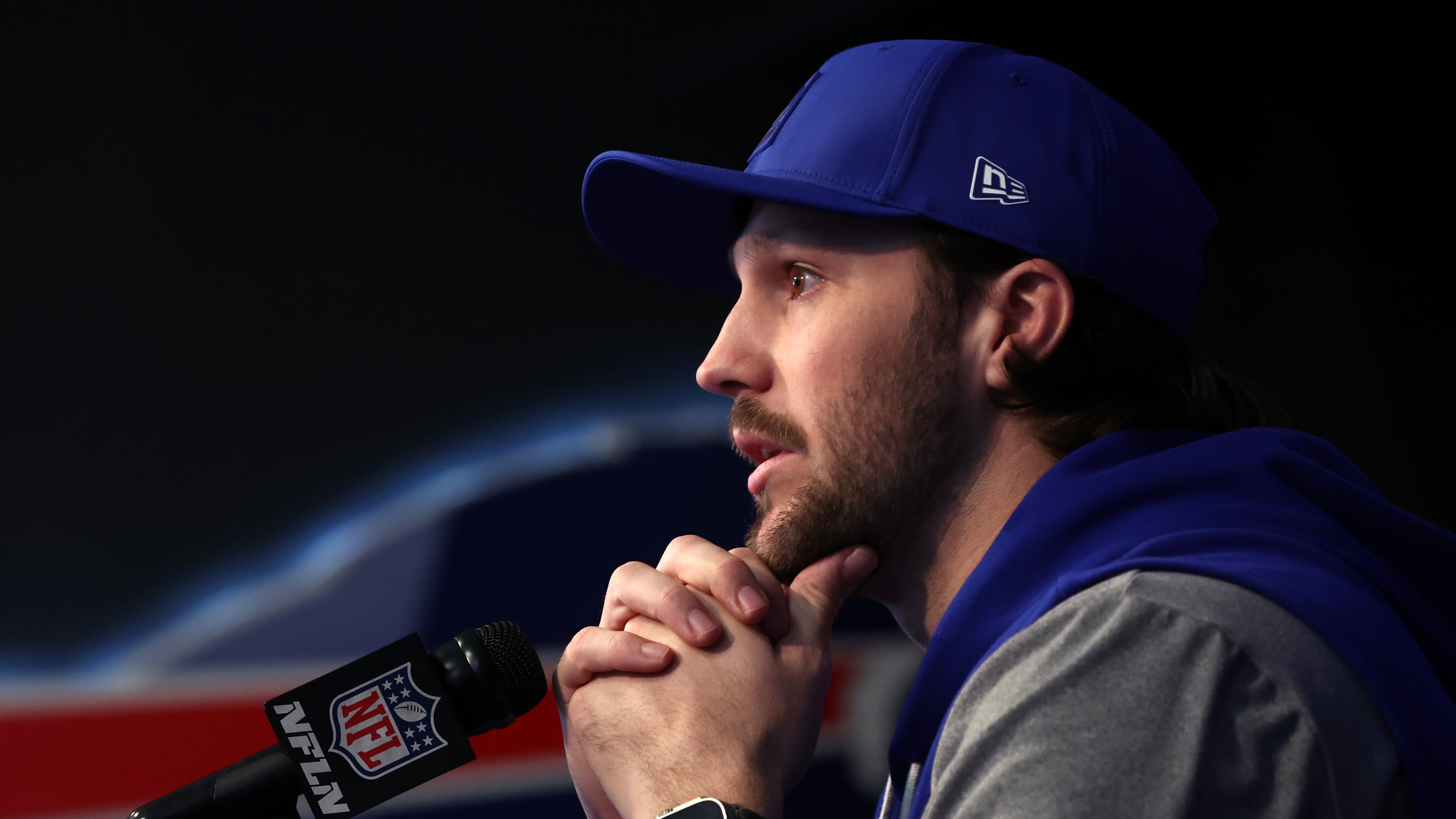 Buffalo Bills quarterback Josh Allen speaks at a NFL news conference in Orchard Park, N.Y., Thursday, Jan. 29, 2026. (AP Photo/Jeffrey T. Barnes)