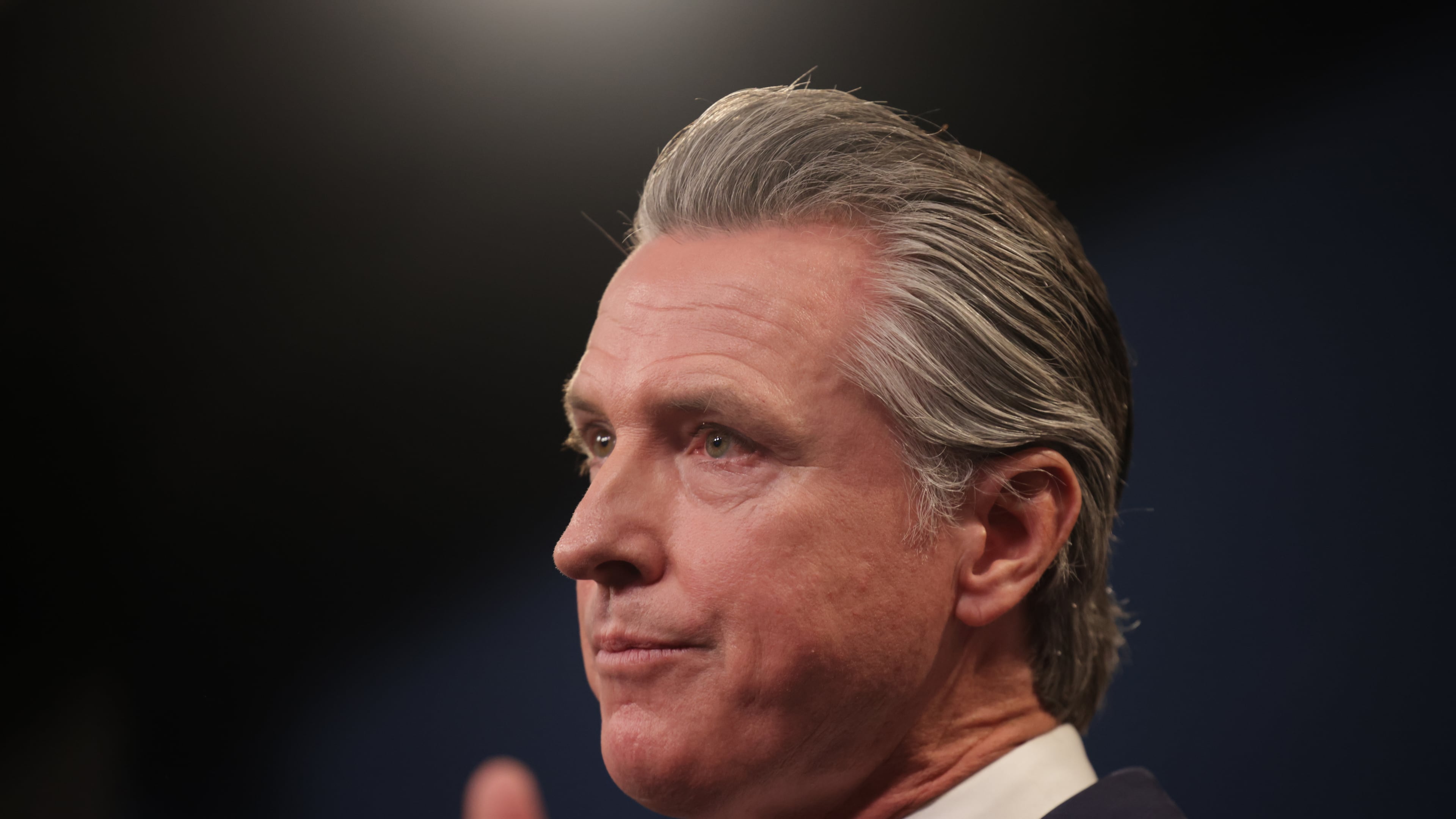 California Gov. Gavin Newsom delivers his final state budget plan at the Capitol Annex Swing Space in Sacramento, Calif. on Thursday, May 14, 2026. (Gabrielle Lurie/San Francisco Chronicle via AP)