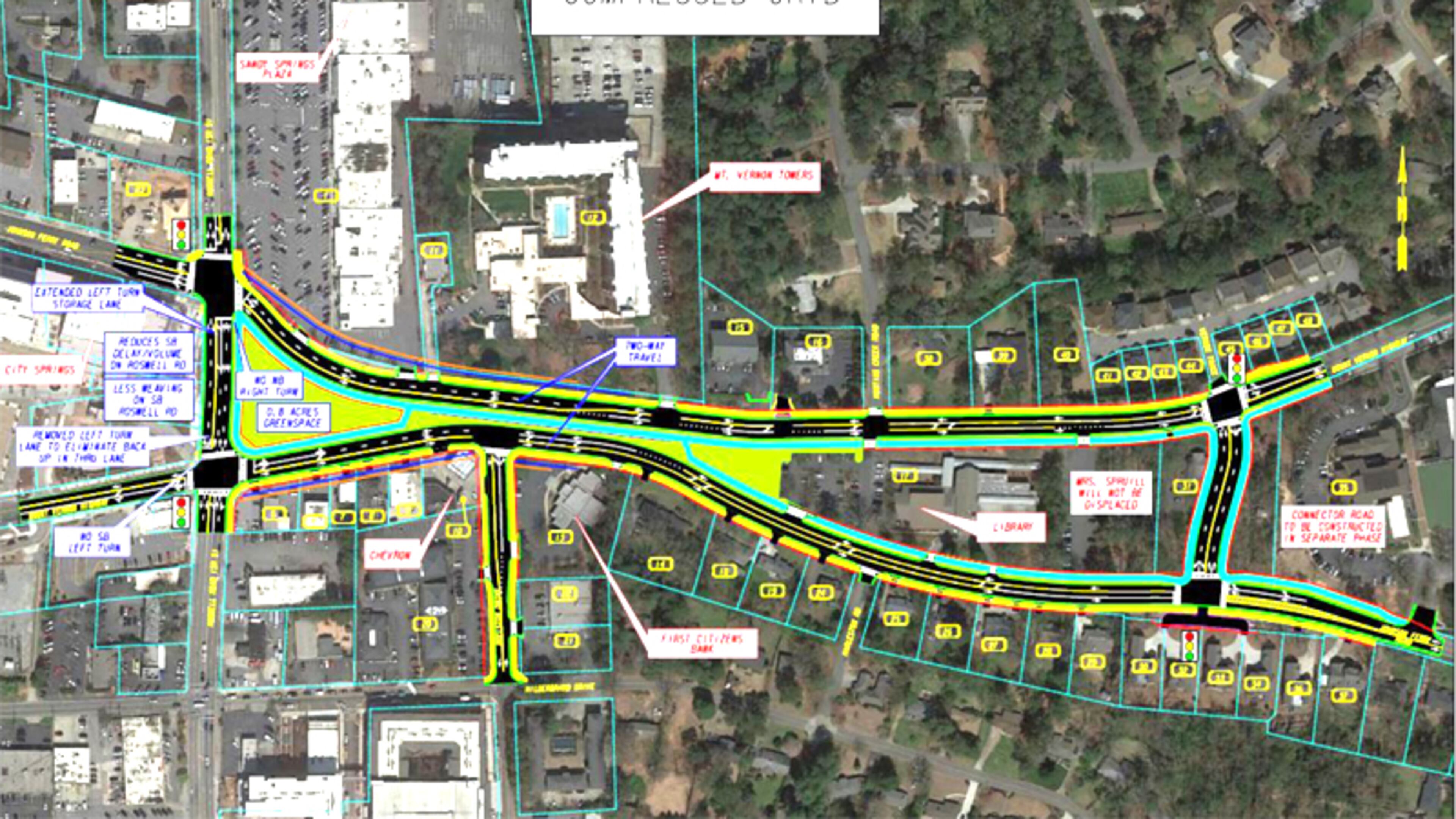 The crossroads of Johnson Ferry Road and Mount Vernon Highway in Sandy Springs are to be reconstructed as a “compressed grid,” with the two streets running parallel to each other but not intersecting. CITY OF SANDY SPRINGS