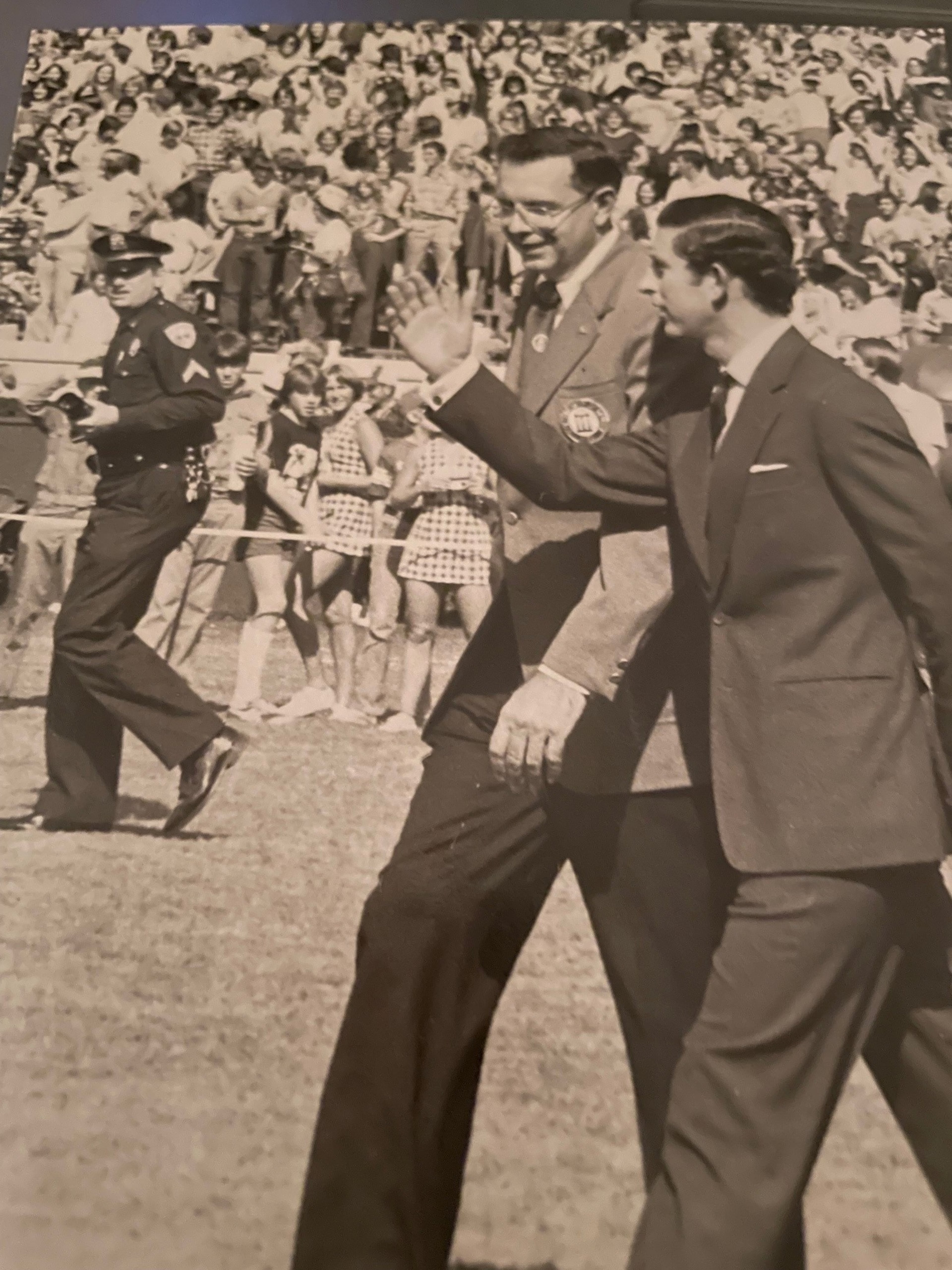 Prince Charles walking with University of Georgia President Fred Davison during a Georgia Bulldogs game in October 1977 (Photo by Judy Bynum / Contributed)