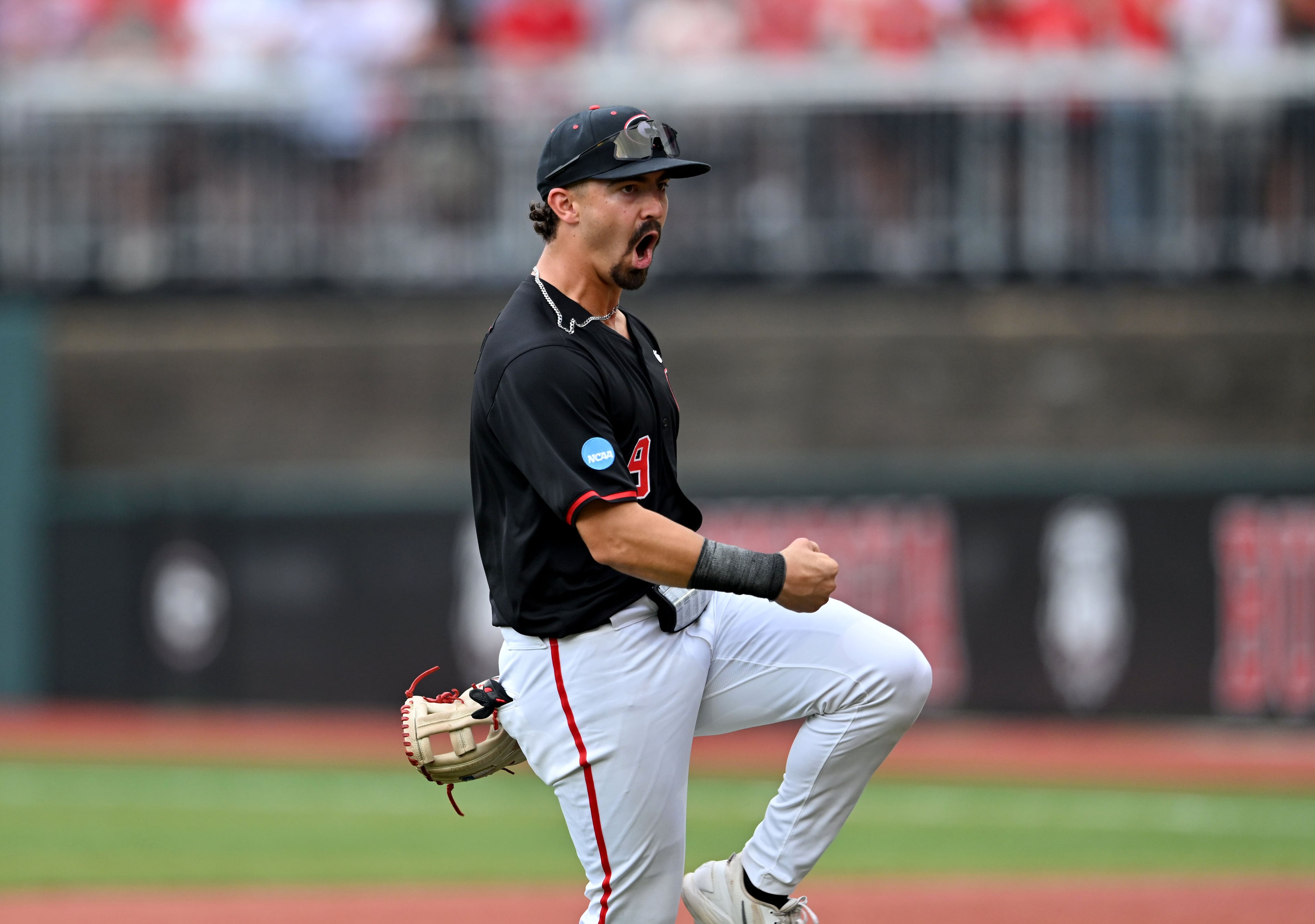 Georgia infielder Kolby Branch (9) reacts during the second inning of their NCAA Regional game at Foley Field, Friday, May 29, 2026, in Athens. (Hyosub Shin/AJC)