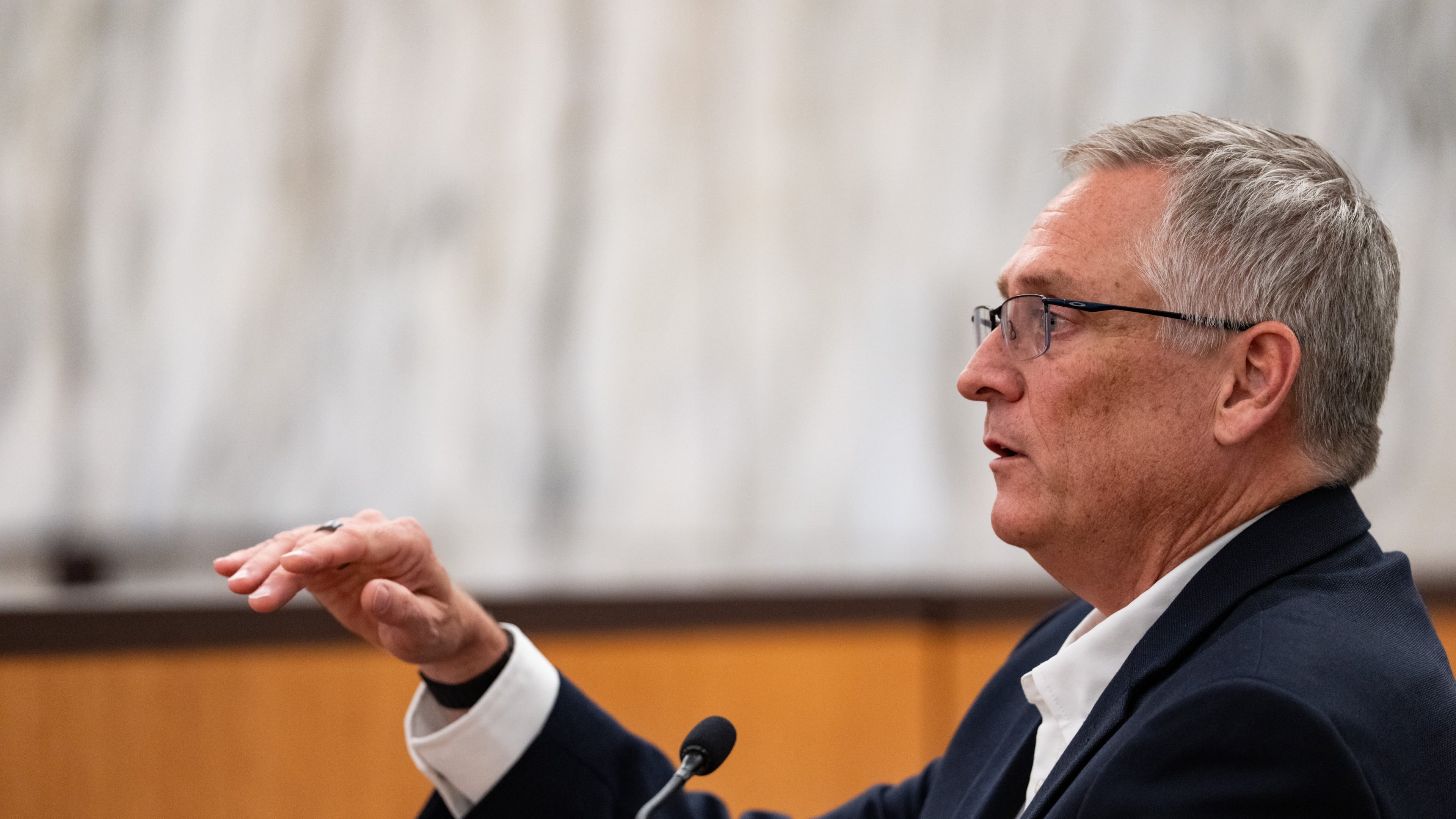 Camp Mystic night watchman Glenn Juenke testifies during a hearing on a suit against Camp Mystic in the 459th State District Court in Austin, Wednesday, April 15, 2026. (Mikala Compton/Austin American-Statesman via AP)