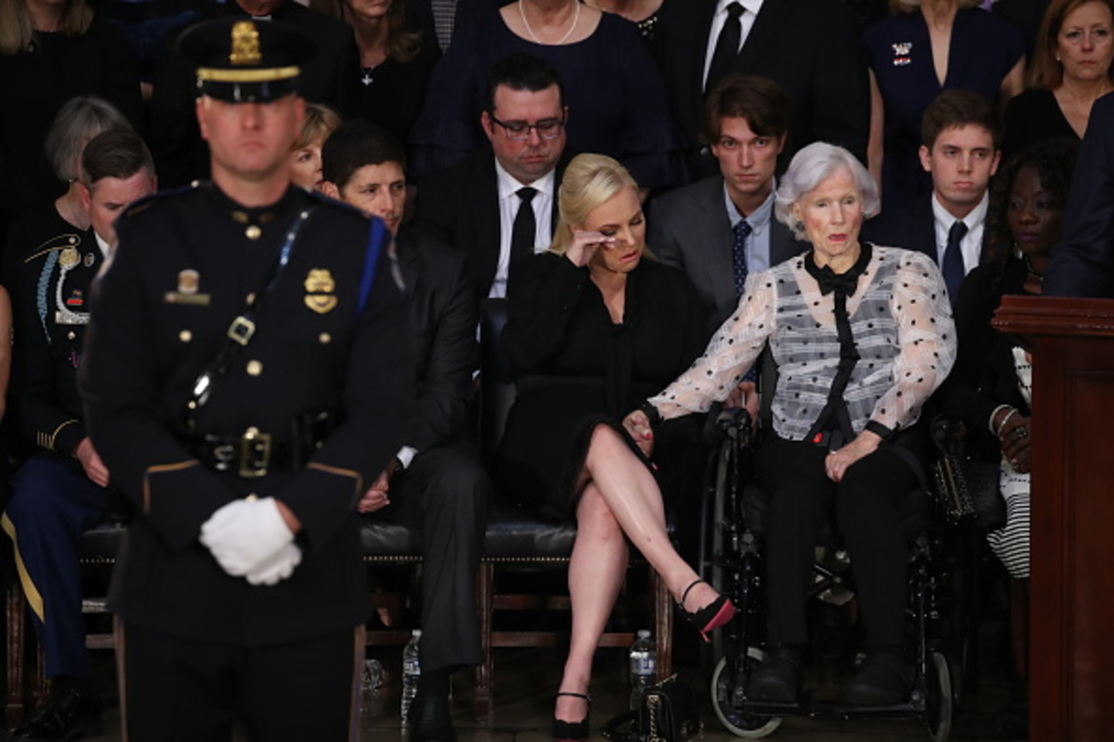 WASHINGTON, DC - AUGUST 31: Roberta McCain (R), the mother of the late US Senator John McCain, and granddaughter Meghan McCain (C) attend the ceremony of US Senator John McCain arrives inside the Rotunda of the U.S. Capitol, August 31, 2018 in Washington, DC. A Democrat who voted for Hillary Clinton, Farone said McCain did what was right. "He never took the easy way out, he knew actions speak louder than words and he never tweeted about it. He just got it done," she said. The late senator died August 25 at the age of 81 after a long battle with brain cancer. He will lie in state at the U.S. Capitol Friday, a rare honor bestowed on only 31 people in the past 166 years. Sen. McCain will be buried at his final resting place at the U.S. Naval Academy on Sunday. (Photo by Drew Angerer/Getty Images)