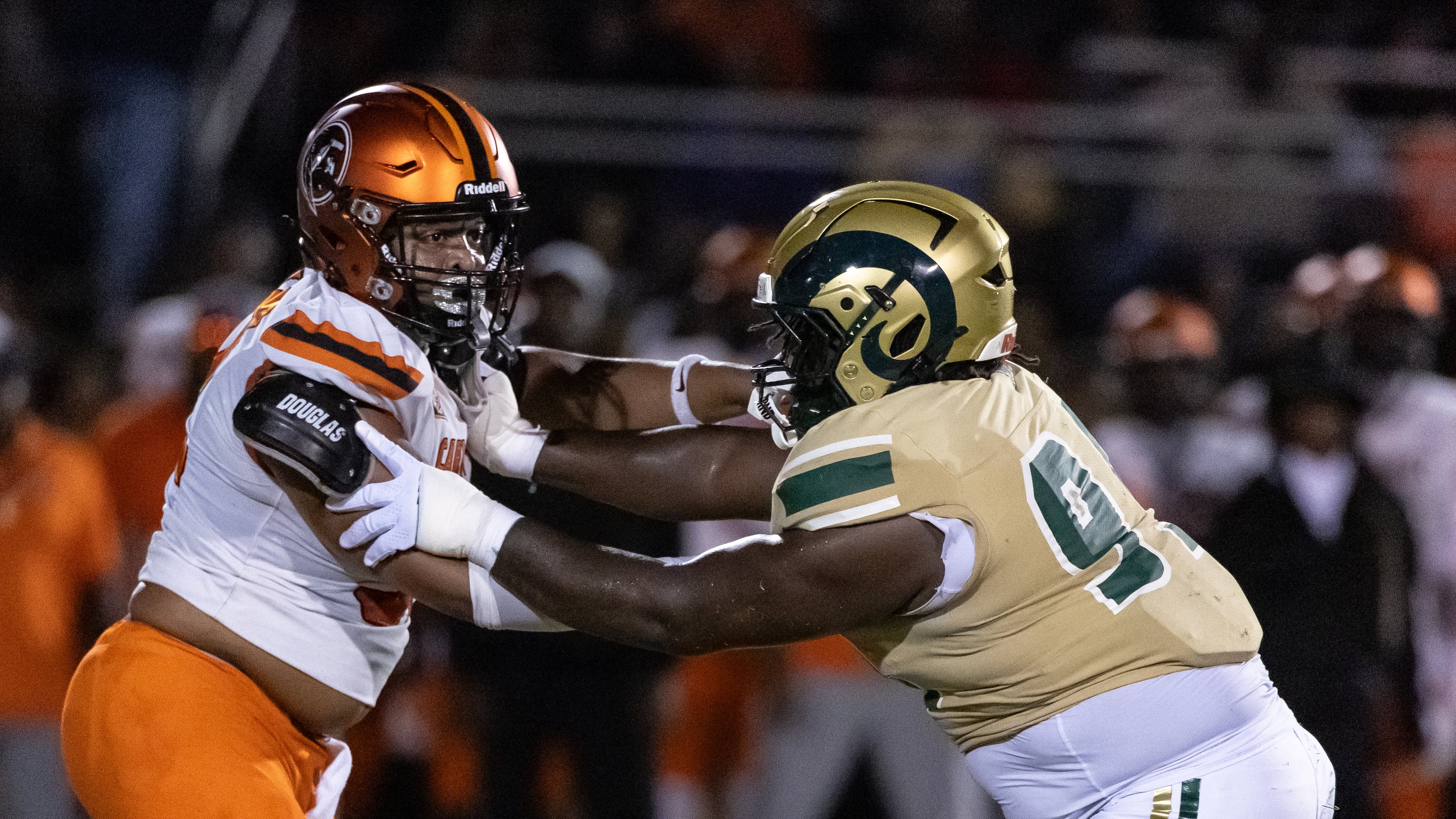 Grayson High senior DL Waylon Wooten works to shed a block from Carol City's Willie Walker II on Friday, Oct. 2, 2026, in Loganville. The Rams held on to beat Carol City 10-9. (Jeff Sentell/AJC)
