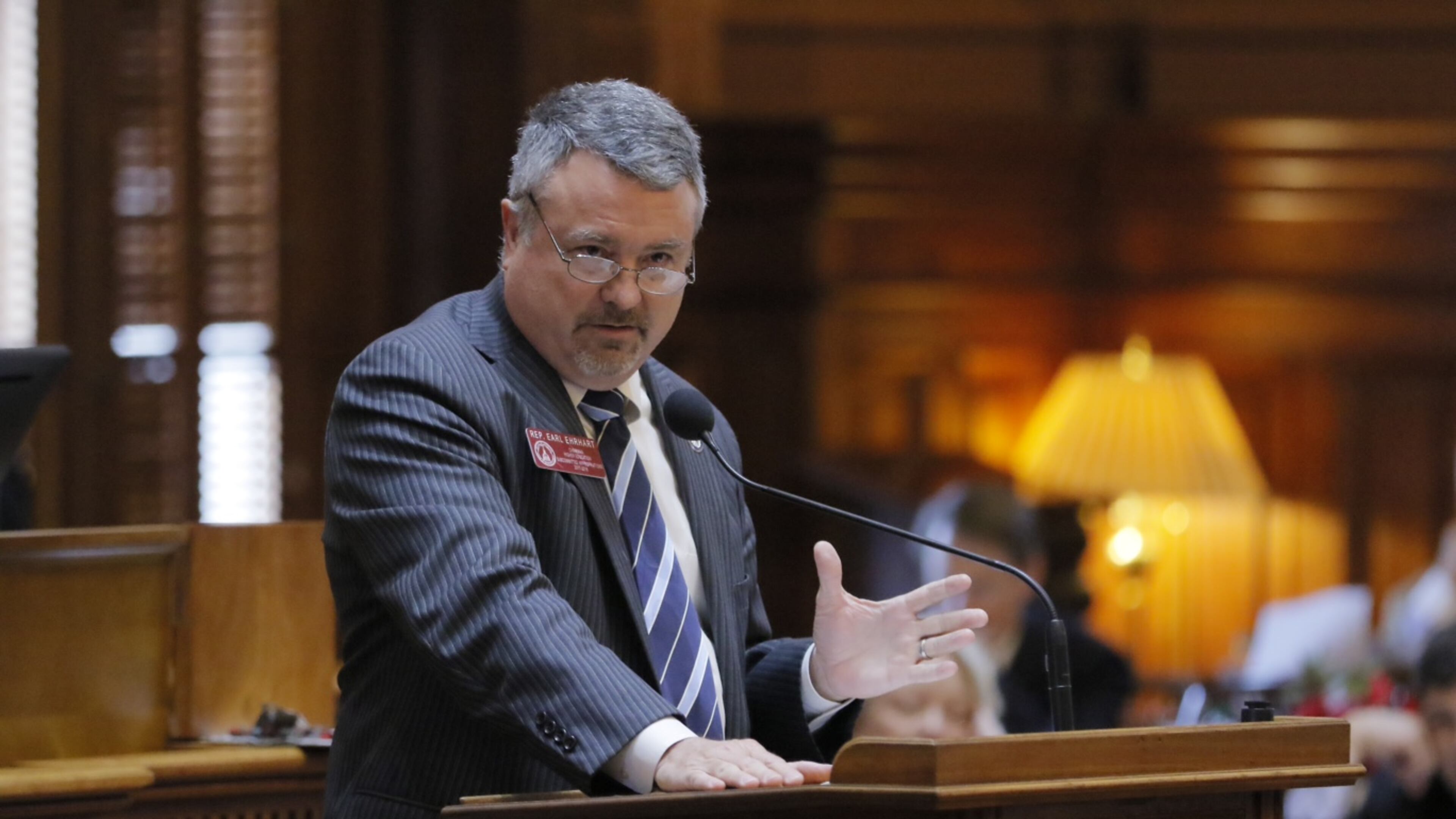 State Rep. Earl Ehrhart, R-Powder Springs, explains the campus rape bill, which the House passed 115-55.