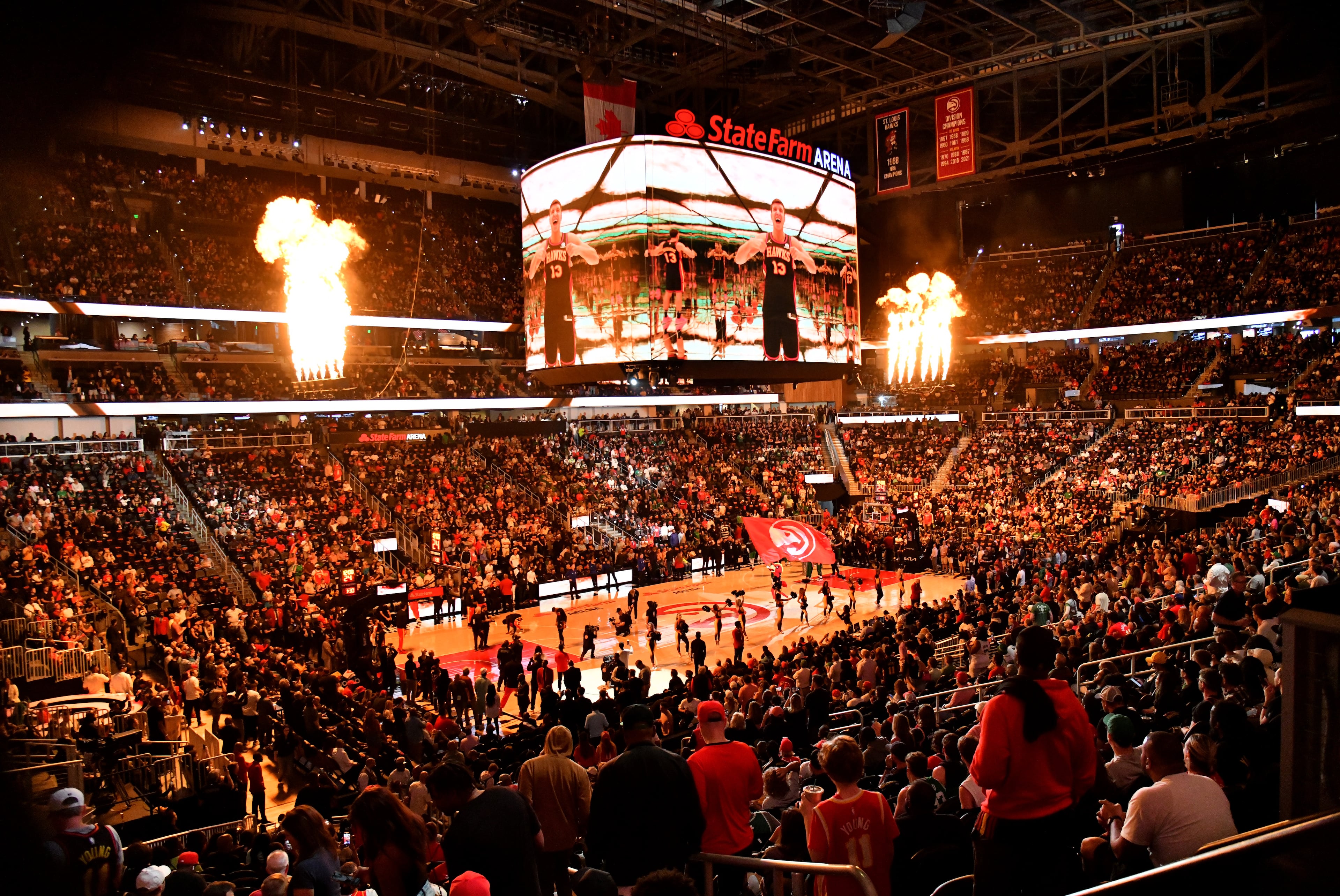 Fans cheer before Game 3 of the first round of the Eastern Conference playoffs between Atlanta Hawks and Boston Celtics at State Farm Arena, Friday, April 21, 2023, in Atlanta. (Hyosub Shin / Hyosub.Shin@ajc.com)