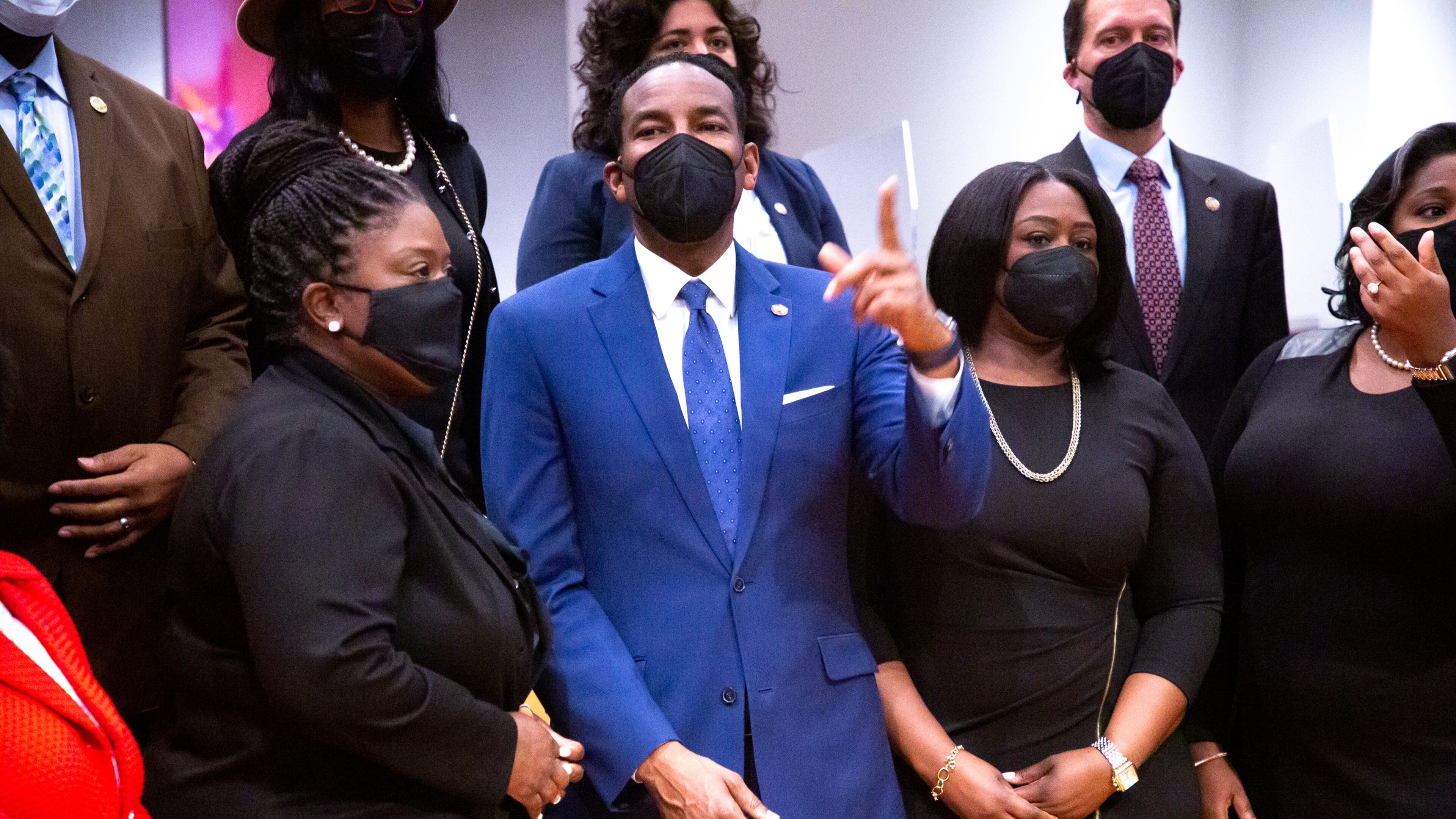 Atlanta Mayor Andre Dickens stands next to newly named Atlanta Board of Education chair Eshé Collins (right) and Superintendent Lisa Herring after the school board swearing-in ceremony on Monday, Jan. 10, 2021. (Steve Schaefer for The Atlanta Journal-Constitution)