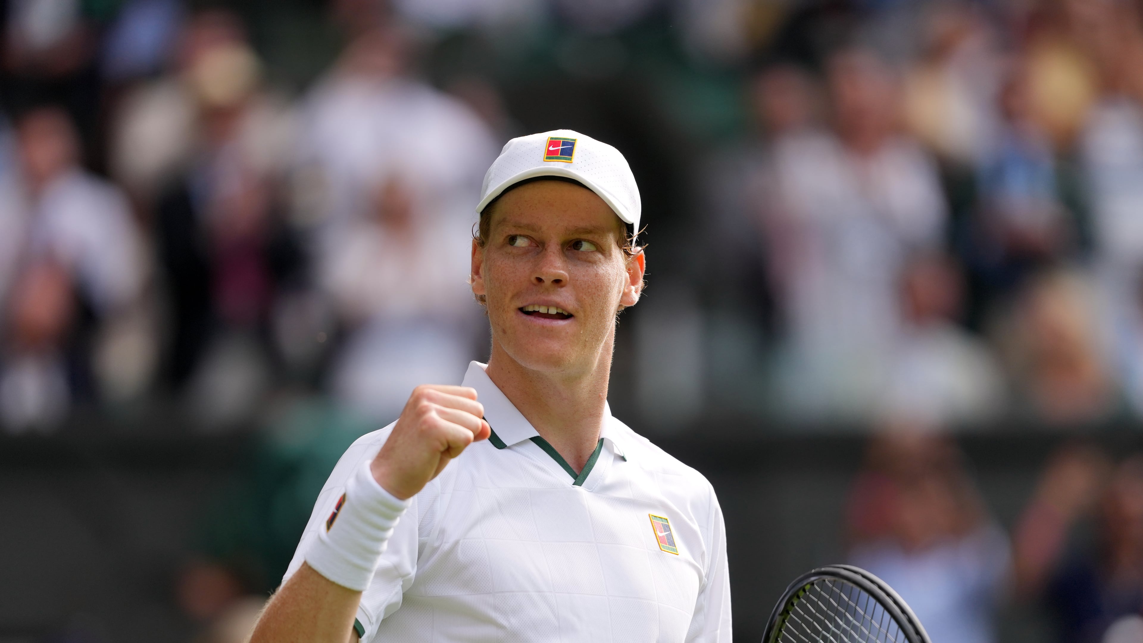 Jannik Sinner of Italy celebrates winning the men's singles match against Miomir Kecmanovic of Serbia during at the Wimbledon Tennis Championships in London, Monday, June 29, 2026.(AP Photo/Kin Cheung)