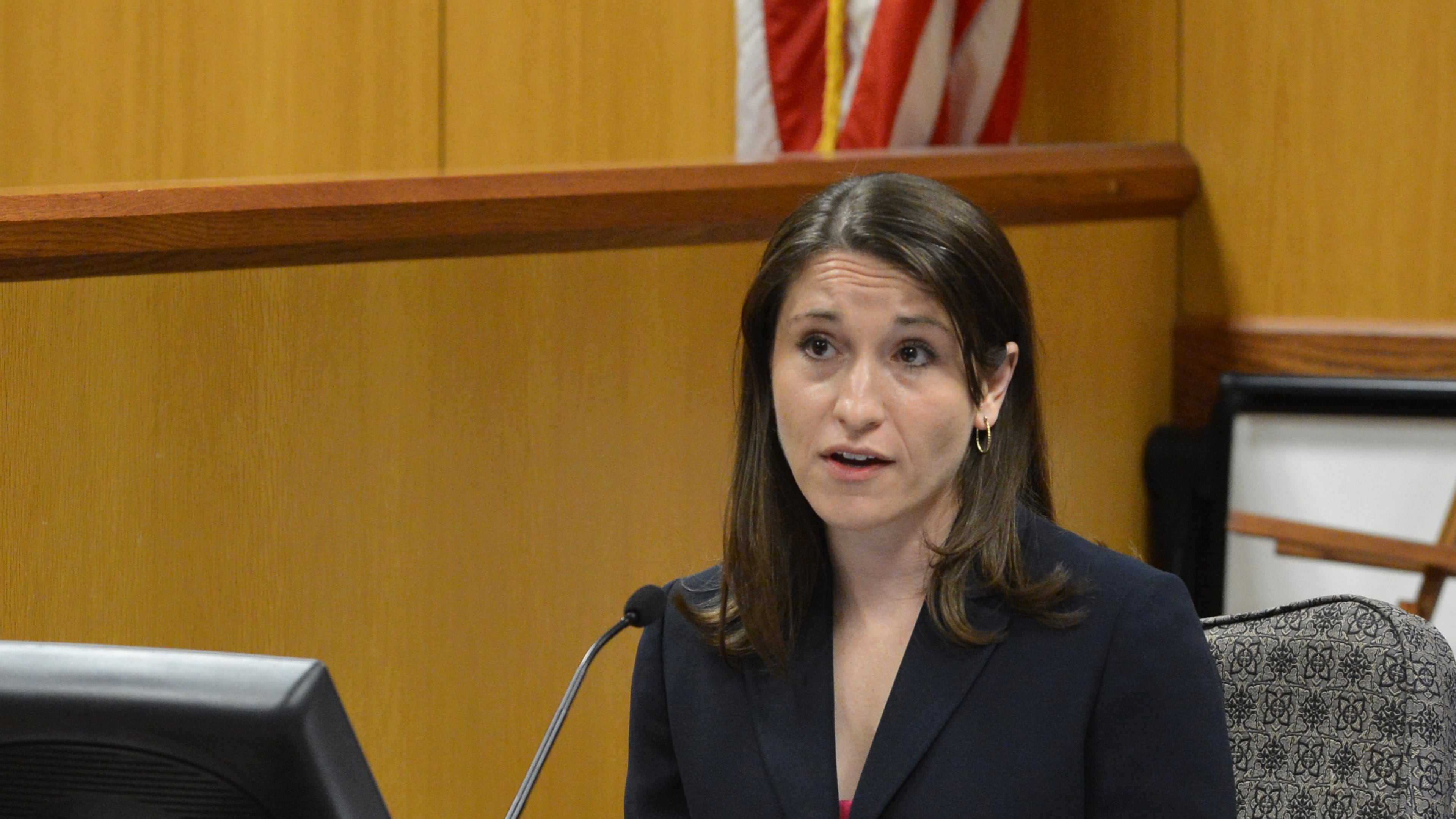Sherry Streicker, former deputy executive director of the state ethics commission testifies April 3, 2014, during the whistleblower lawsuit brought by Stacey Kalberman. Kalberman claims she was forced from her position after investigating Gov. Nathan Deal's campaign. Streicker also has a pending case against the commission.