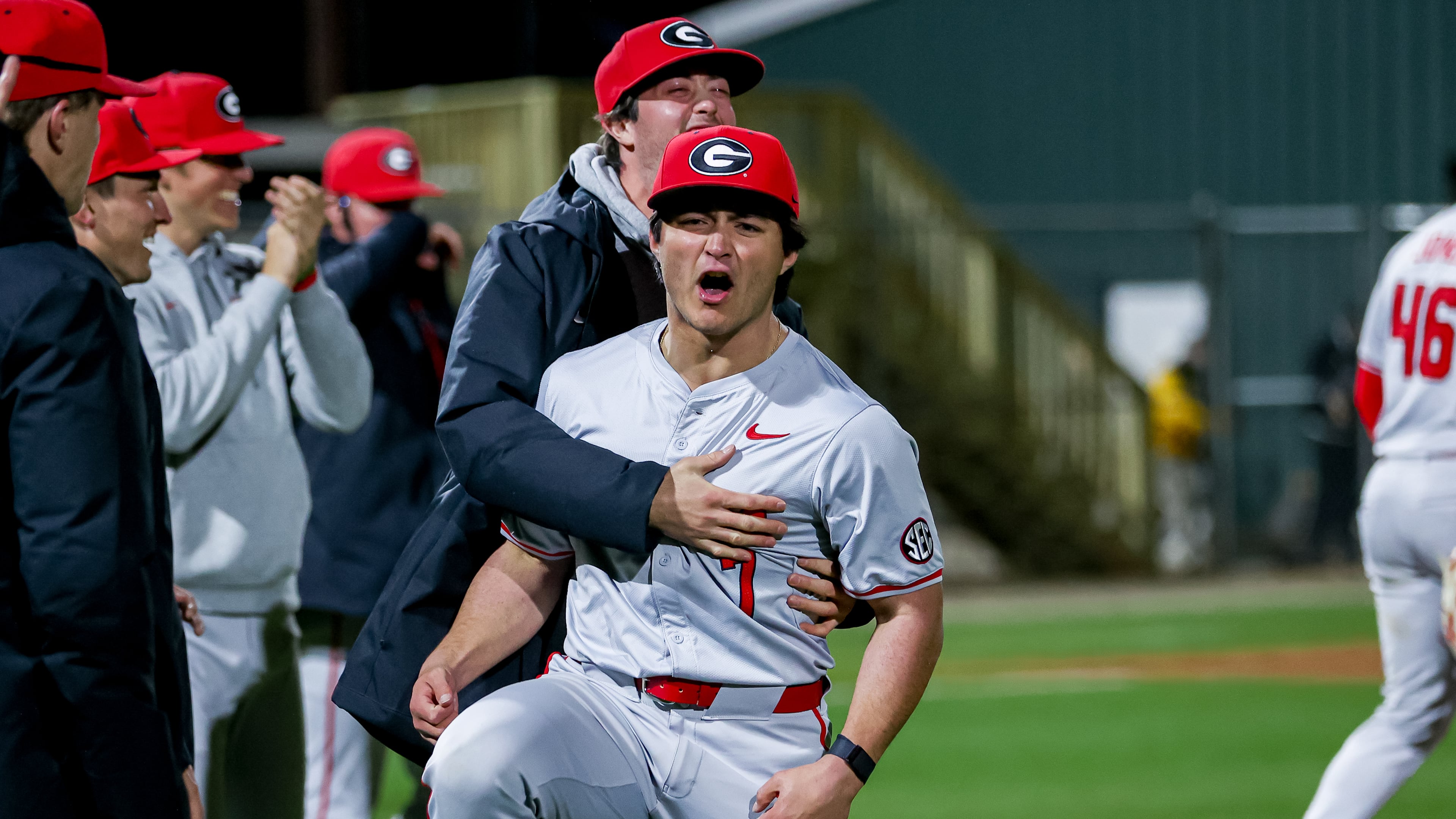 Georgia pitcher Brian Curley (7) during Georgia’s game against Kennesaw State at S. Walter Kelly Sr. Memorial Field in Marietta, Ga., on Tuesday, Feb. 18, 2025. (Conor Dillon/UGAAA)