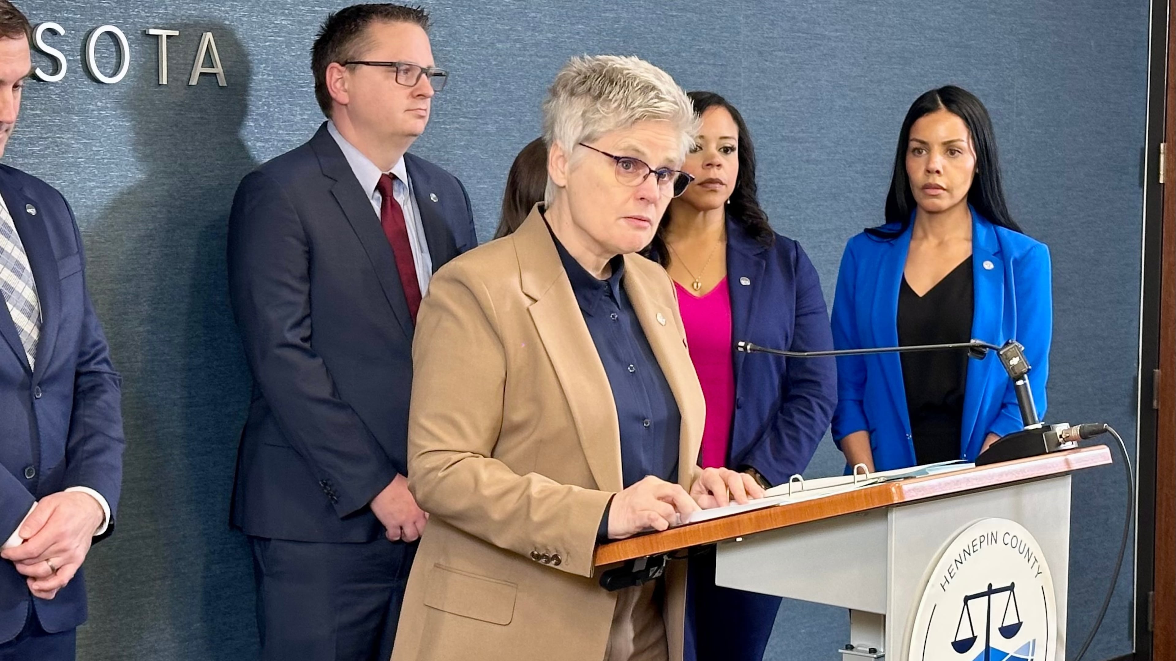 Hennepin County Attorney Mary Moriarty announces charges against an Immigration and Customs Enforcement agent related to a February incident on Thursday, April 16, 2026 in Minneapolis, Minn. (AP photo/Mark Vancleave)