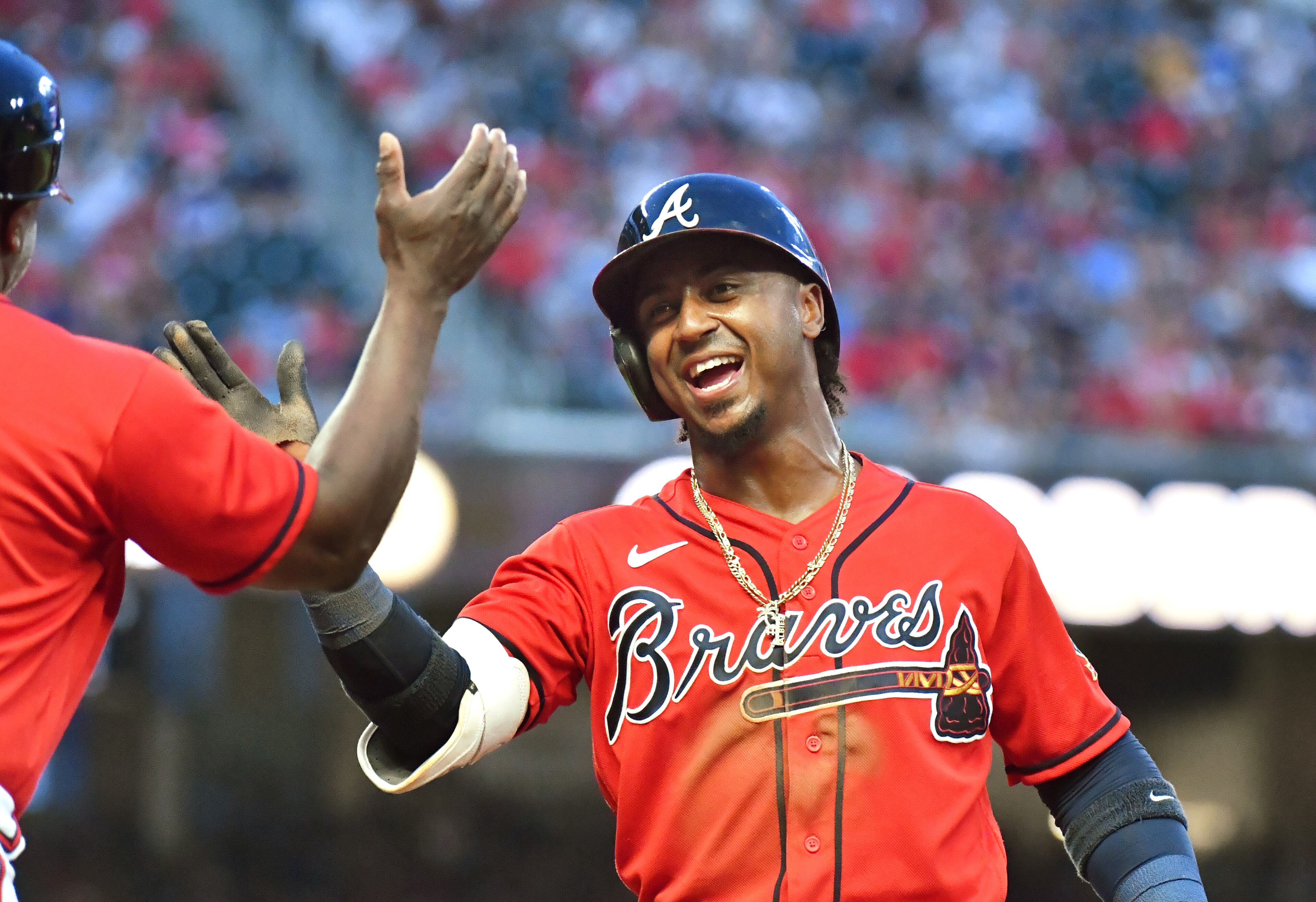 Braves second baseman Ozzie Albies (1) celebrates after hitting an RBI double in the 4th inning. (Hyosub Shin / Hyosub.Shin@ajc.com)
