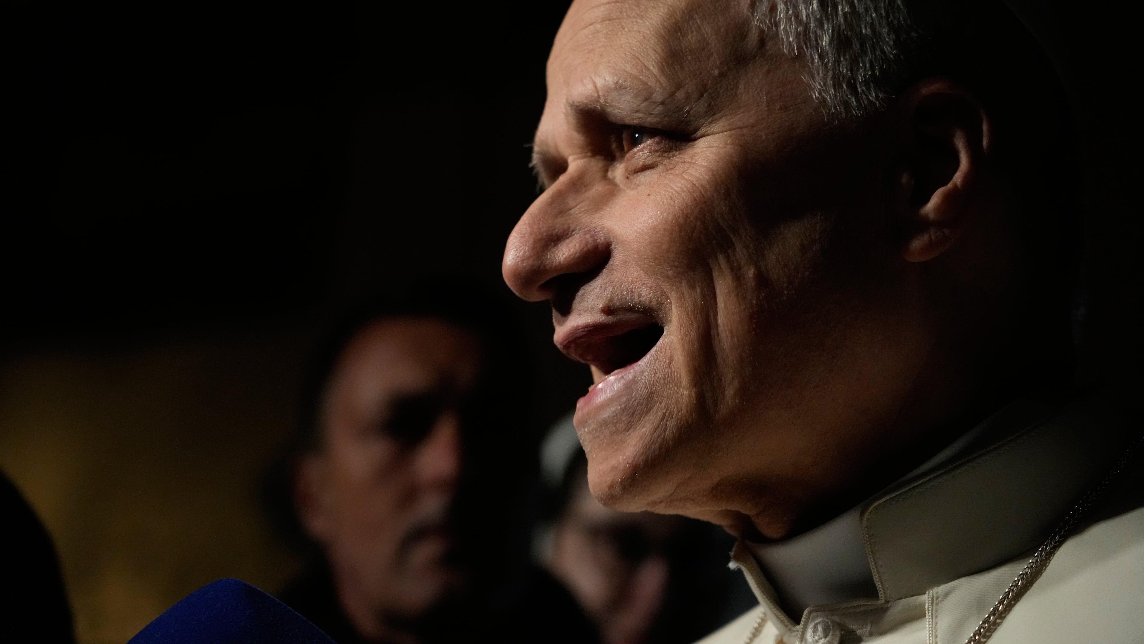 Pope Leo XIV talks to journalists as he leaves his residence in Castel Gandolfo, on the outskirts of Rome, to return to the Vatican, Tuesday, March 31, 2026. (AP Photo/Gregorio Borgia)