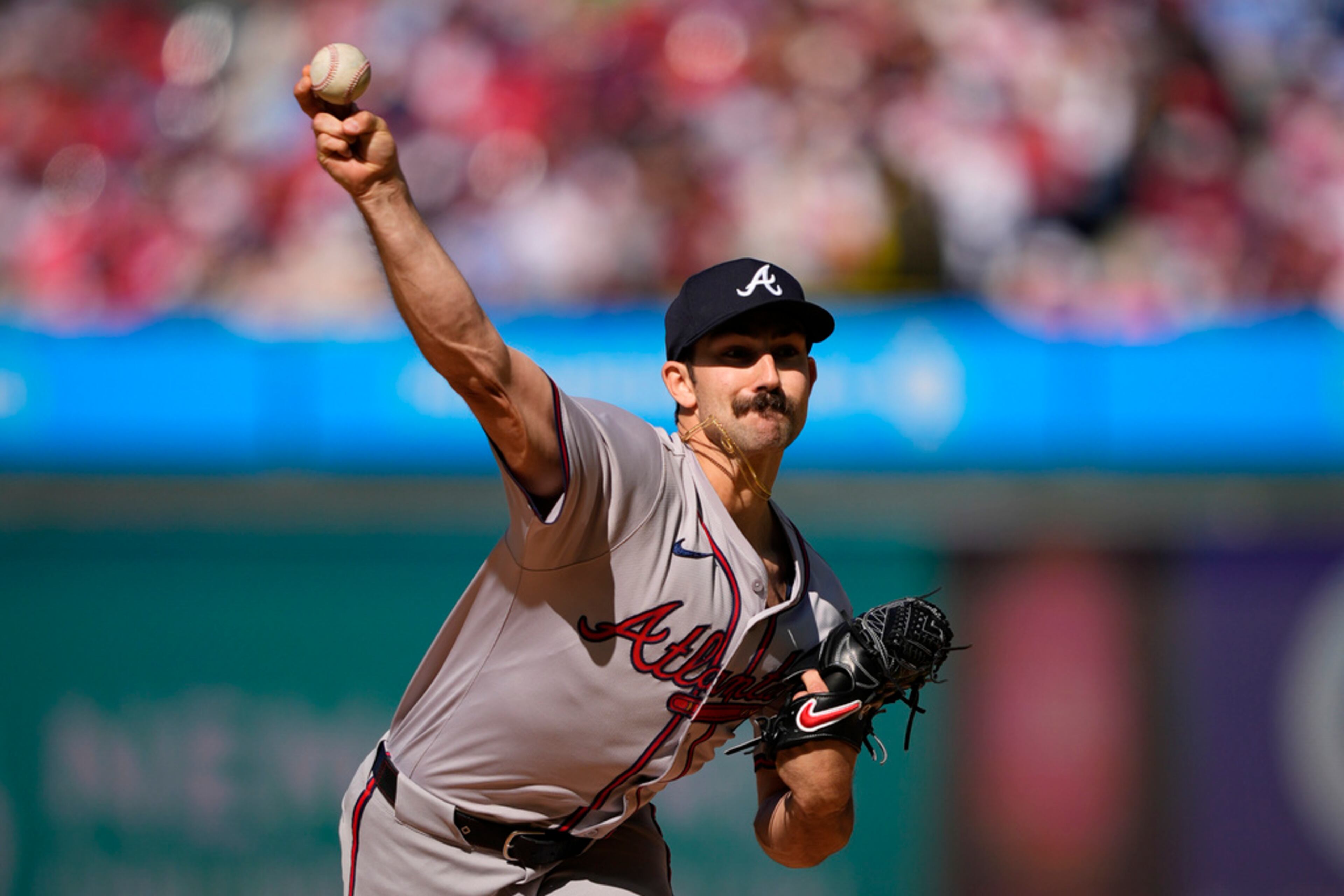 Atlanta Braves' Spencer Strider pitches during the second inning of an opening day baseball game against the Philadelphia Phillies, Friday, March 29, 2024, in Philadelphia. (AP Photo/Matt Slocum)