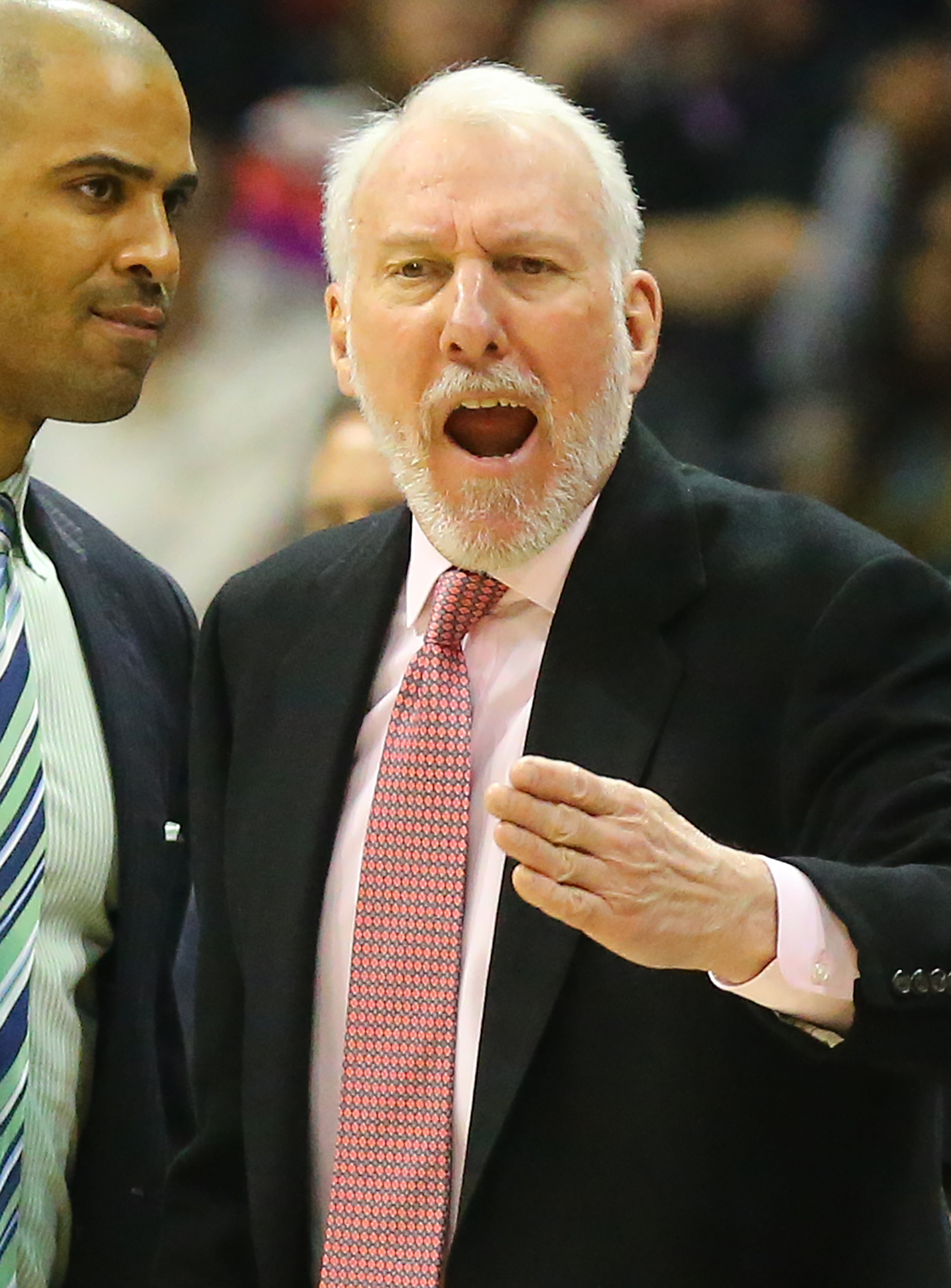 Spurs head coach Gregg Popovich argues a call during a basketball game against the Hawks on Sunday, March 22, 2015, in Atlanta. Curtis Compton / ccompton@ajc.com