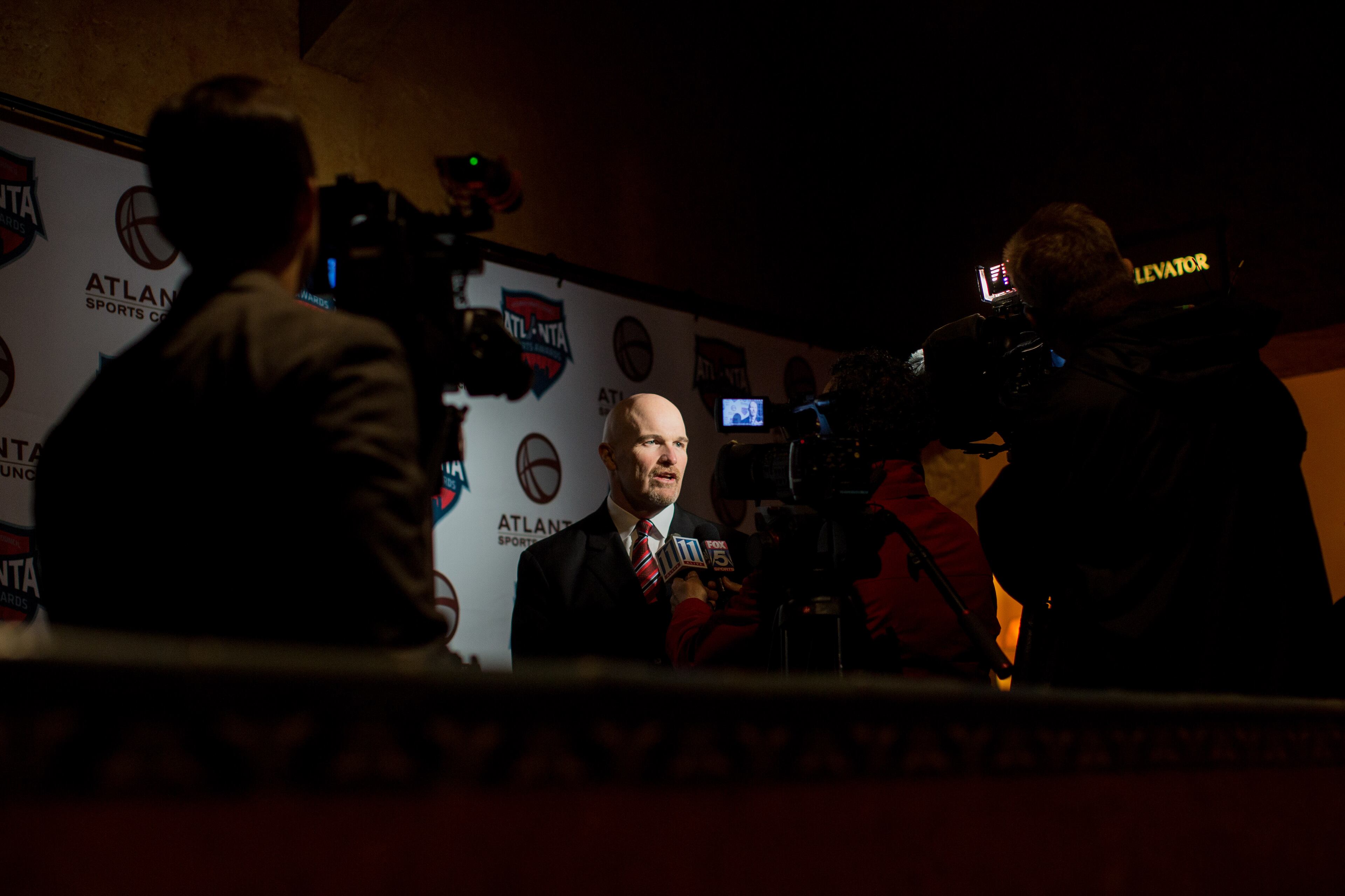 Falcons Head Coach Dan Quinn speaks to the media during the 10th annual Atlanta Sports Awards held at the Fox Theatre, Thursday, March 5, 2015, in Atlanta. (SPECIAL/BRANDEN CAMP)