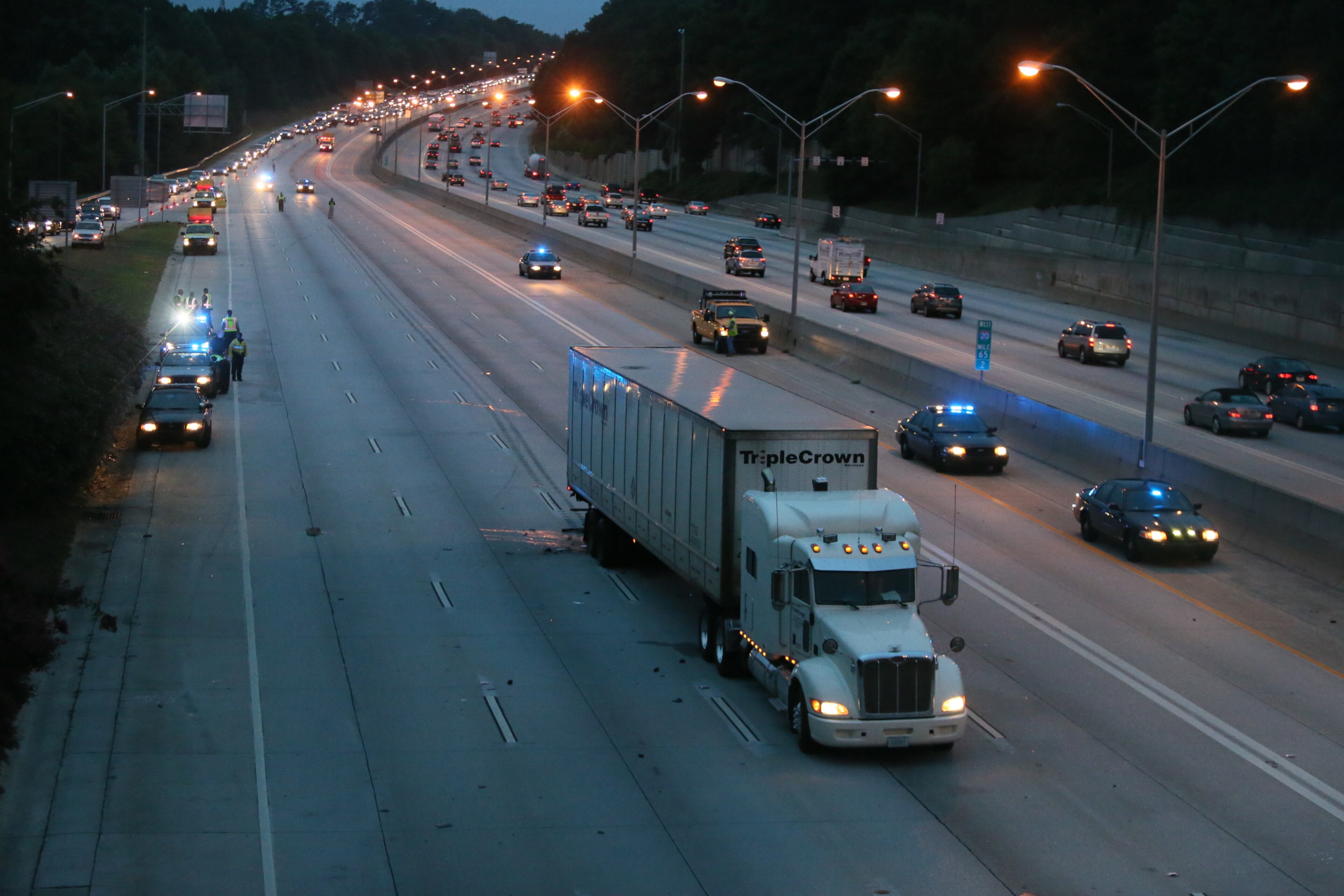 Authorities were forcing all eastbound traffic off the interstate at Candler Road. Westbound lanes of I-20 were not affected. BOB ANDRES/BANDRES@AJC.COM