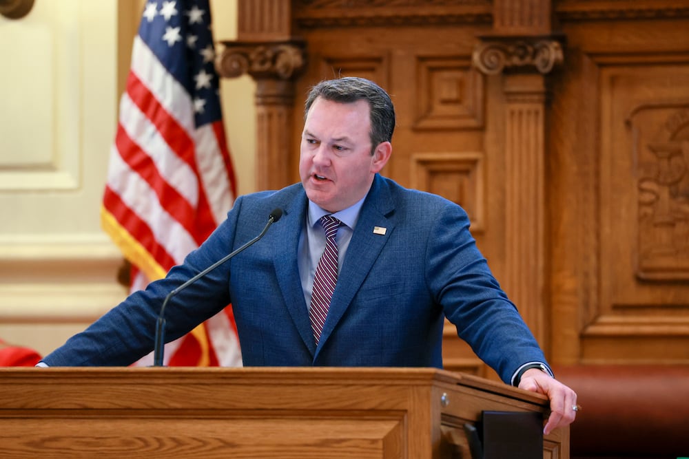 Lt. Gov. Burt Jones speaks on the last day of the 2026 legislative session. (Jason Getz/AJC)