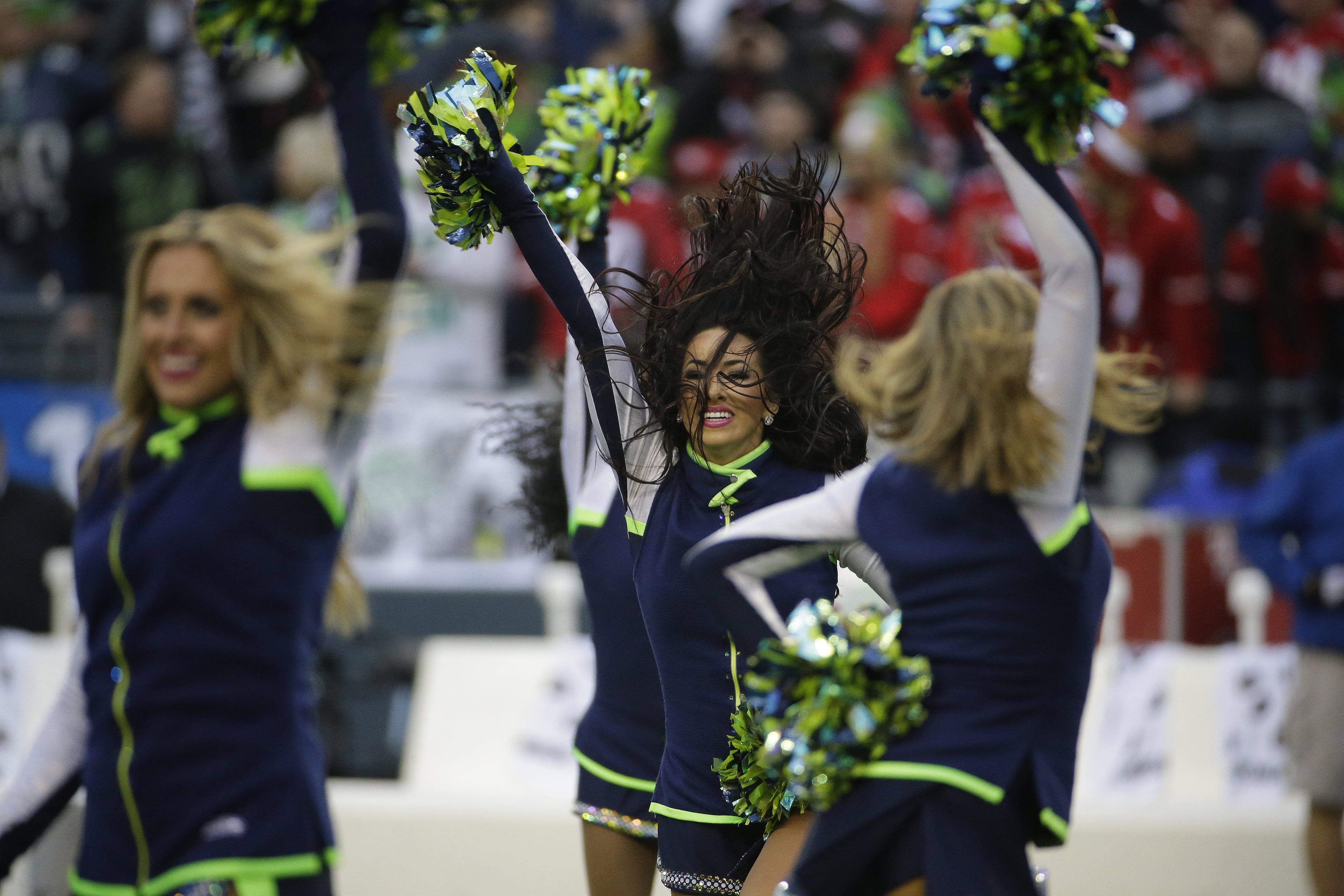Seattle Seahawks cheerleaders perform during the first half of the NFL football NFC Championship game against the San Francisco 49ers on Jan. 19, 2014, in Seattle.