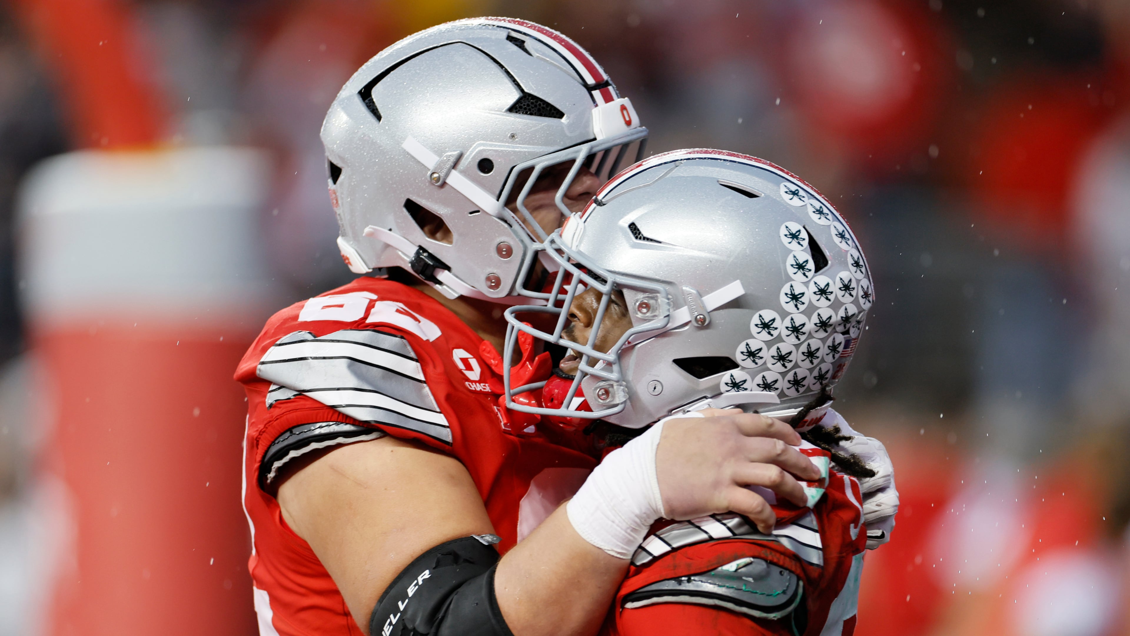 Ohio State running back Bo Jackson, right, celebrates after his touchdown against Maryland with offensive lineman Joshua Padilla, left, during the second half of an NCAA college football game, Saturday, Oct. 10, 2026, in Columbus, Ohio. (AP Photo/Jay LaPrete)