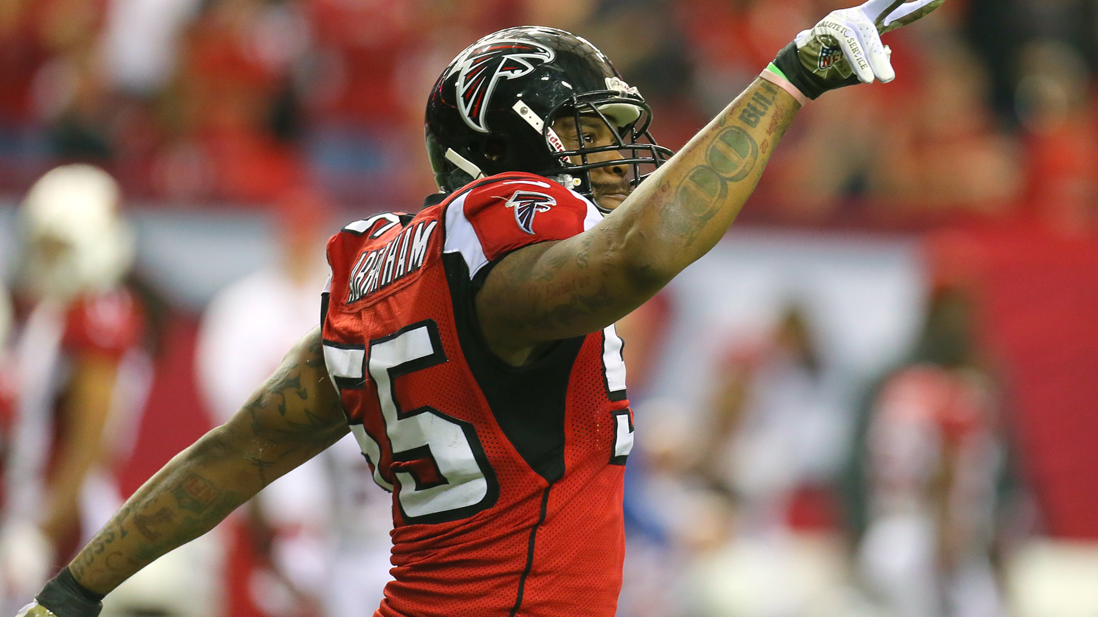 Nicknamed “The Predator” for his pass-rushing proficiency, former Falcons defensive end John Abraham will become the 15th member of the Ring of Honor. (Curtis Compton/AJC 2012)
