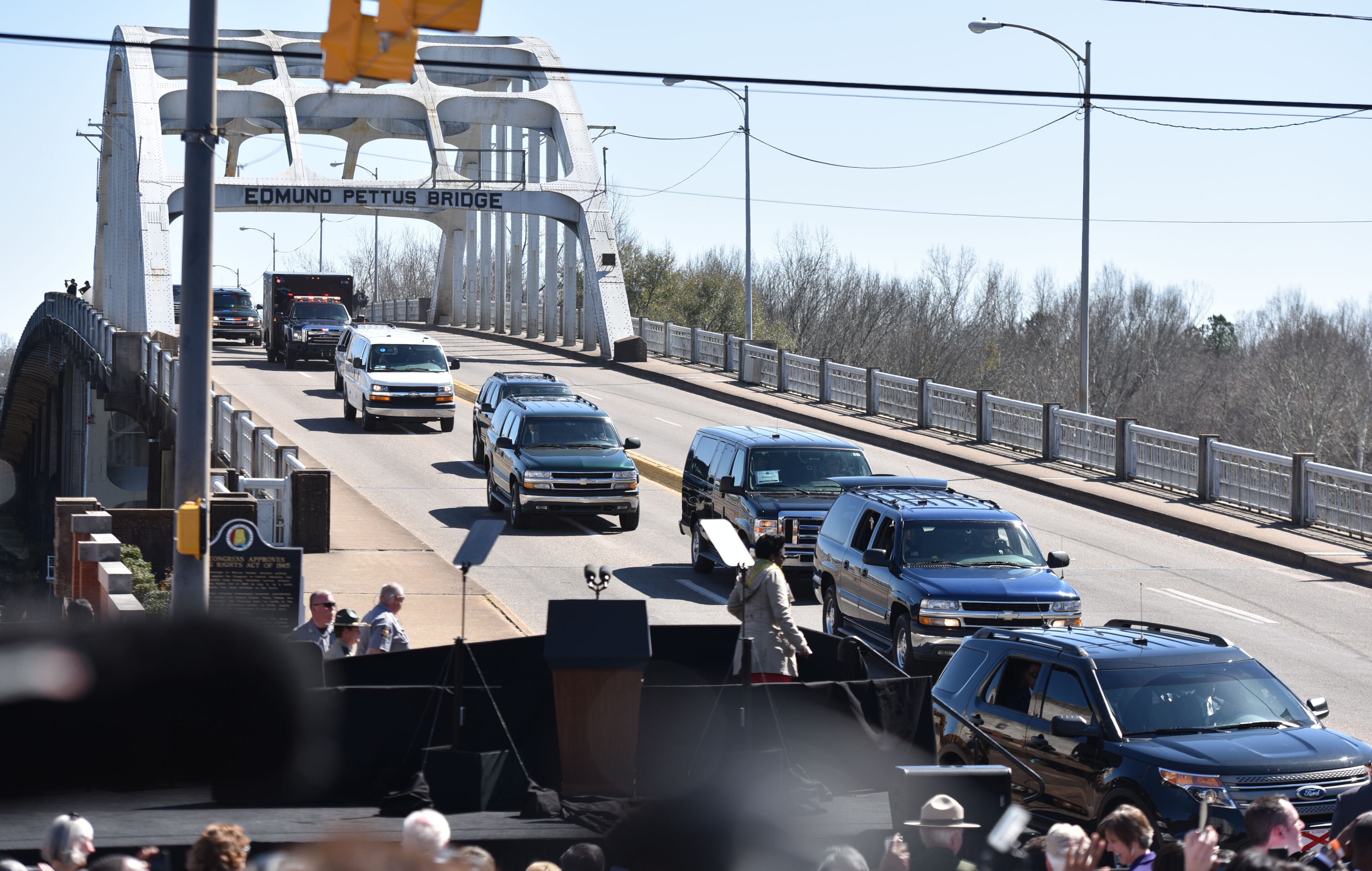President Barack Obama and his motorcade arrive via the Edmund Pettus Bridge before a commemoration of the 50th anniversary of the historic civil rights march on Saturday, February 7, 2015. HYOSUB SHIN / HSHIN@AJC.COM