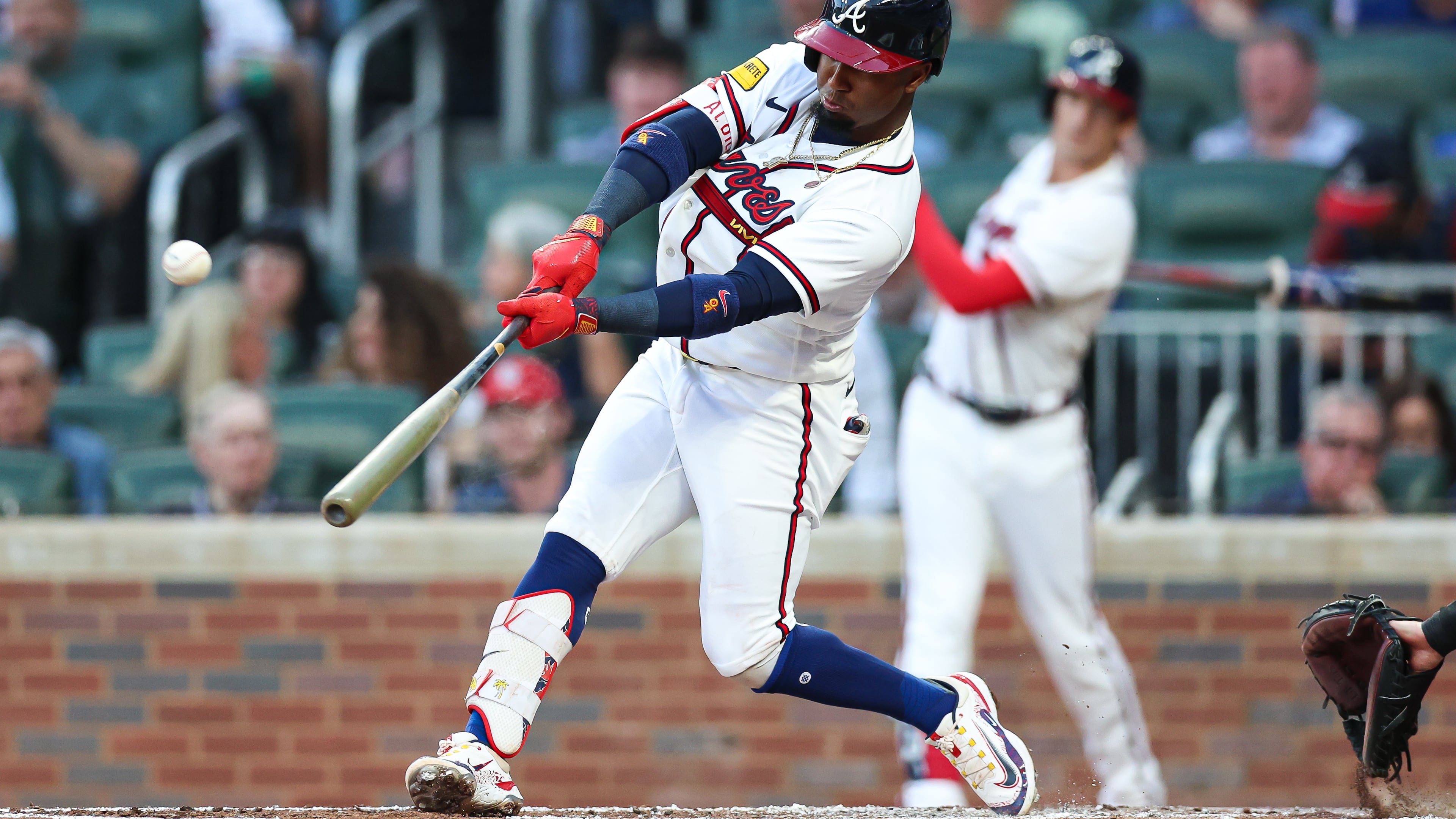 The Braves' Ozzie Albies hit a solo home run in the second inning of a game against the Marlins on Wednesday, April 15, 2026, in Atlanta. (Colin Hubbard/AP)