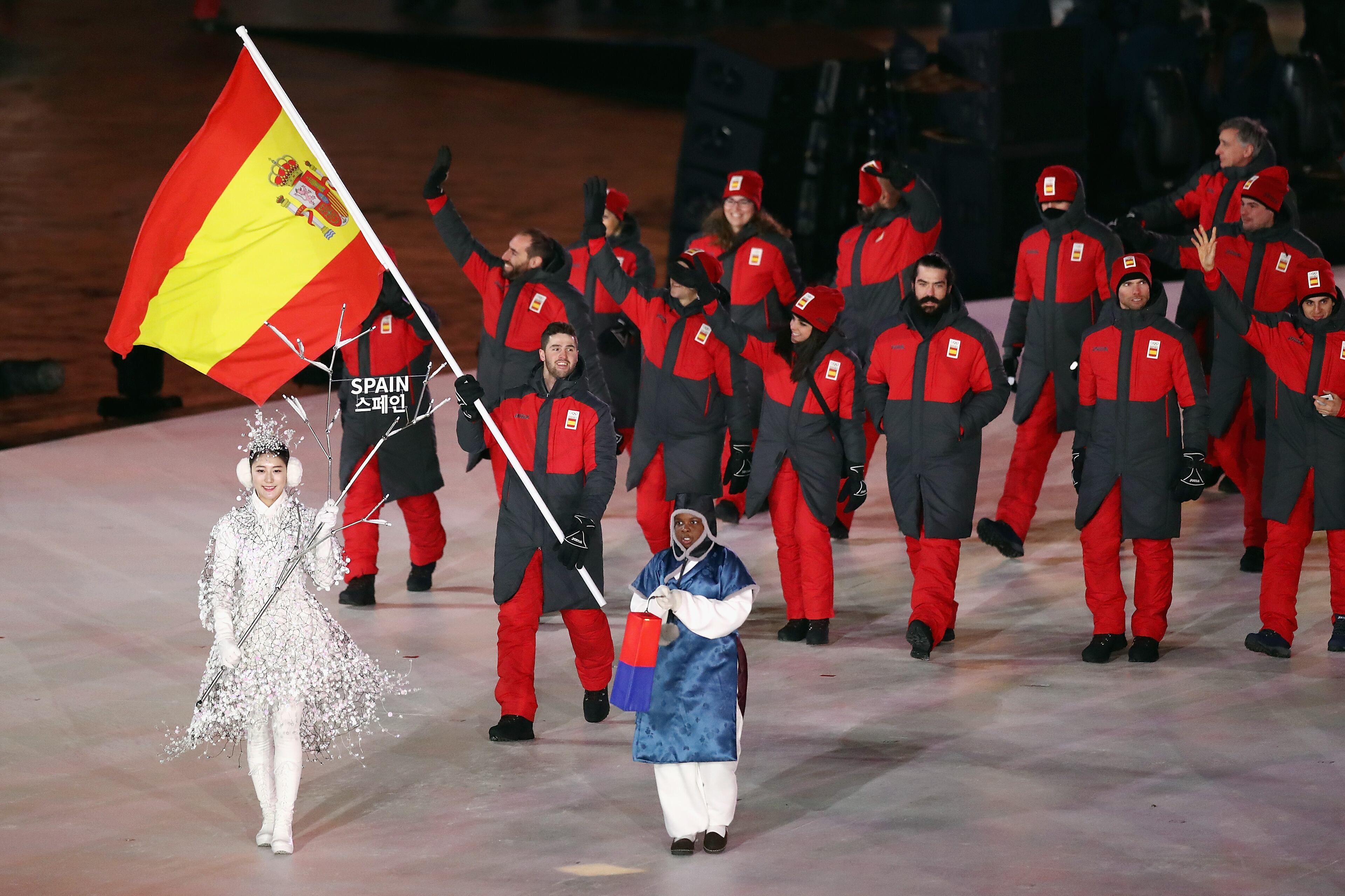 PYEONGCHANG-GUN, SOUTH KOREA - FEBRUARY 09: Flag bearer Lucas Eguibar of Spain leads the team during the Opening Ceremony of the PyeongChang 2018 Winter Olympic Games at PyeongChang Olympic Stadium on February 9, 2018 in Pyeongchang-gun, South Korea. (Photo by Ronald Martinez/Getty Images)