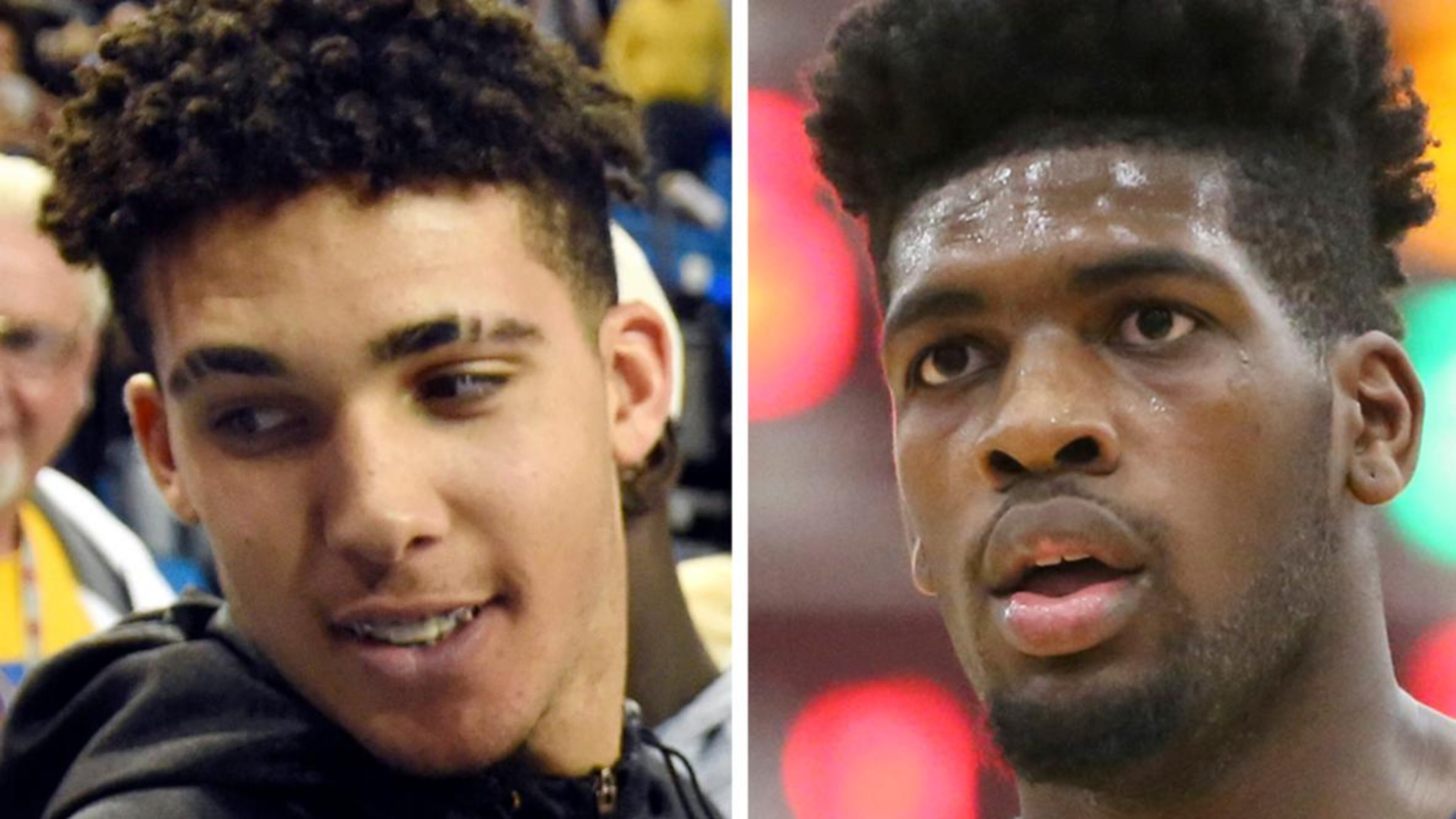FILE - UCLA NCAA college basketball players, Liangelo Ball, left, and Cody Riley are shown in these file photos. The UCLA basketball team is heading back to Los Angeles without three players arrested on shoplifting charges in China, according to a report. Citing sources, ESPN reports freshmen LiAngelo Ball, Cody Riley and Jalen Hill were to remain in Hangzhou, China. UCLA won its season-opening game 63-60 over Georgia Tech in Shanghai on Saturday. (AP Photo/File)