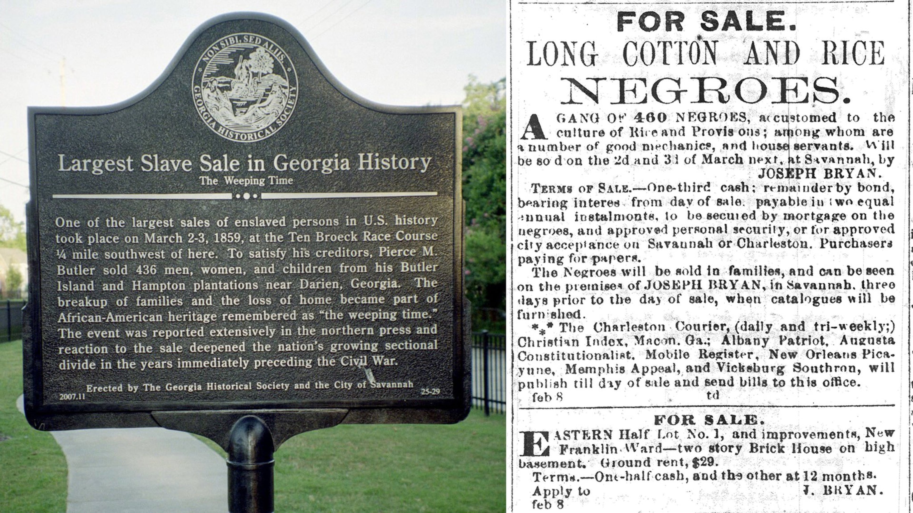 A historical marker in West Savannah stands close to the place of “The Weeping Time,” the largest sale of slaves in U.S. history. At right, a newspaper advertisement from 1859 announcing the sale.